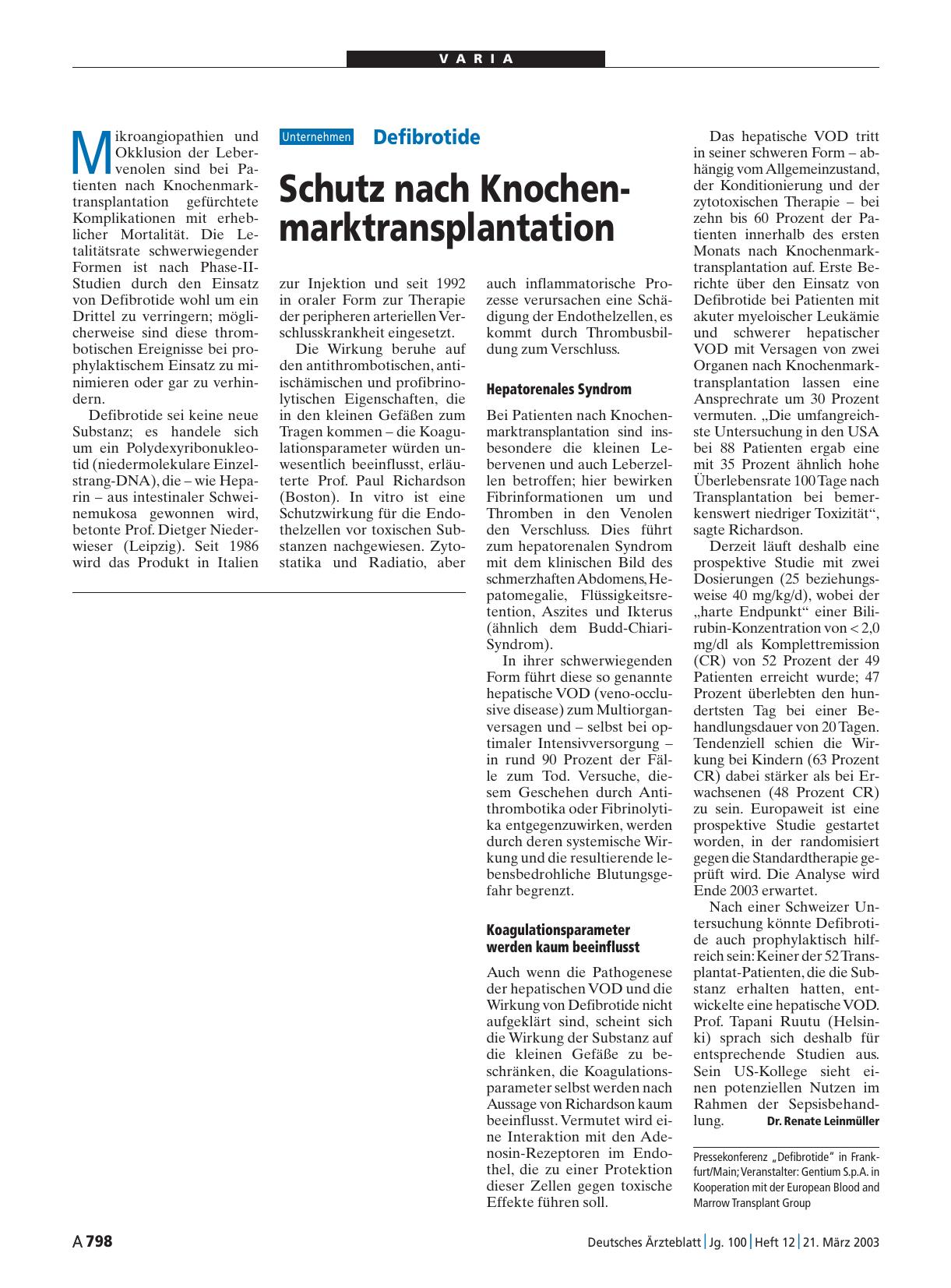 Vorschauseite 1: Defibrotide: Schutz nach Knochen-marktransplantation
