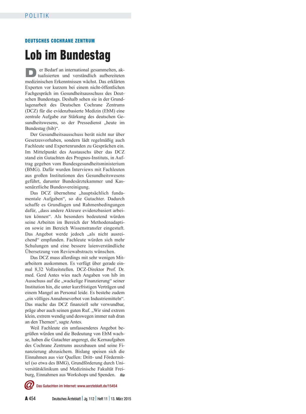 Vorschauseite 1: Deutsches Cochrane Zentrum: Lob im Bundestag