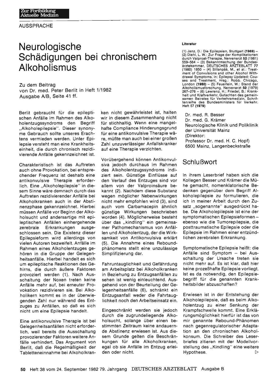 Vorschauseite 1: Neurologische Schädigungen bei chronischem Alkoholismus: Stellungnahme