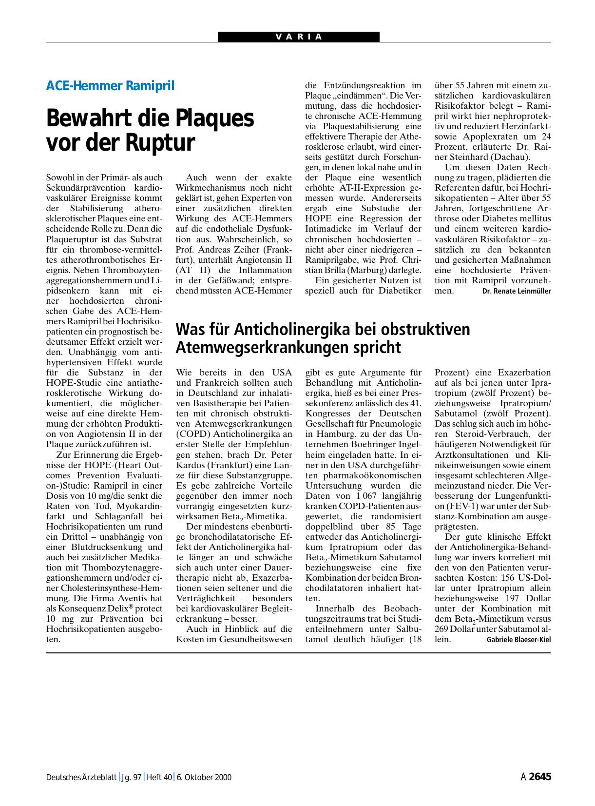 Vorschauseite 1: ACE-Hemmer Ramipril: Bewahrt die Plaques vor der Ruptur