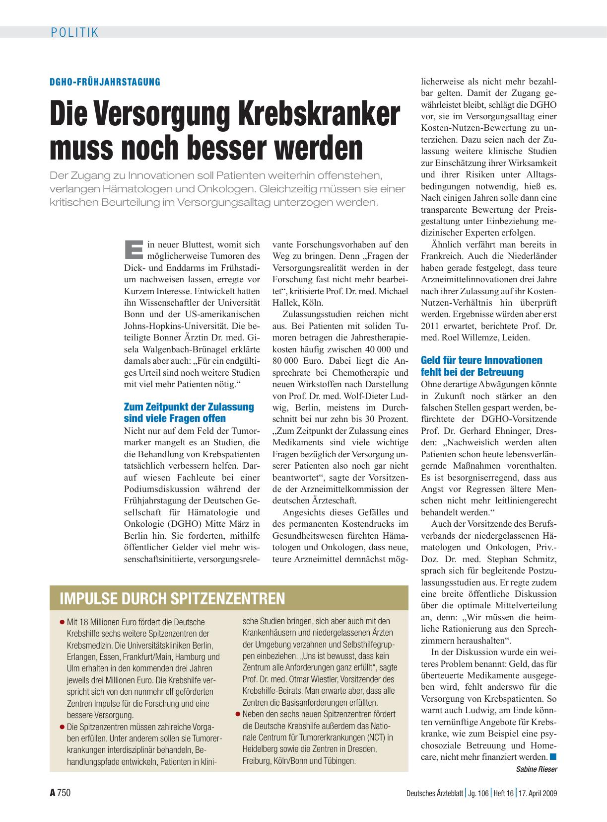 Vorschauseite 1: DGHO-Frühjahrstagung: Die Versorgung Krebskranker muss noch besser werden