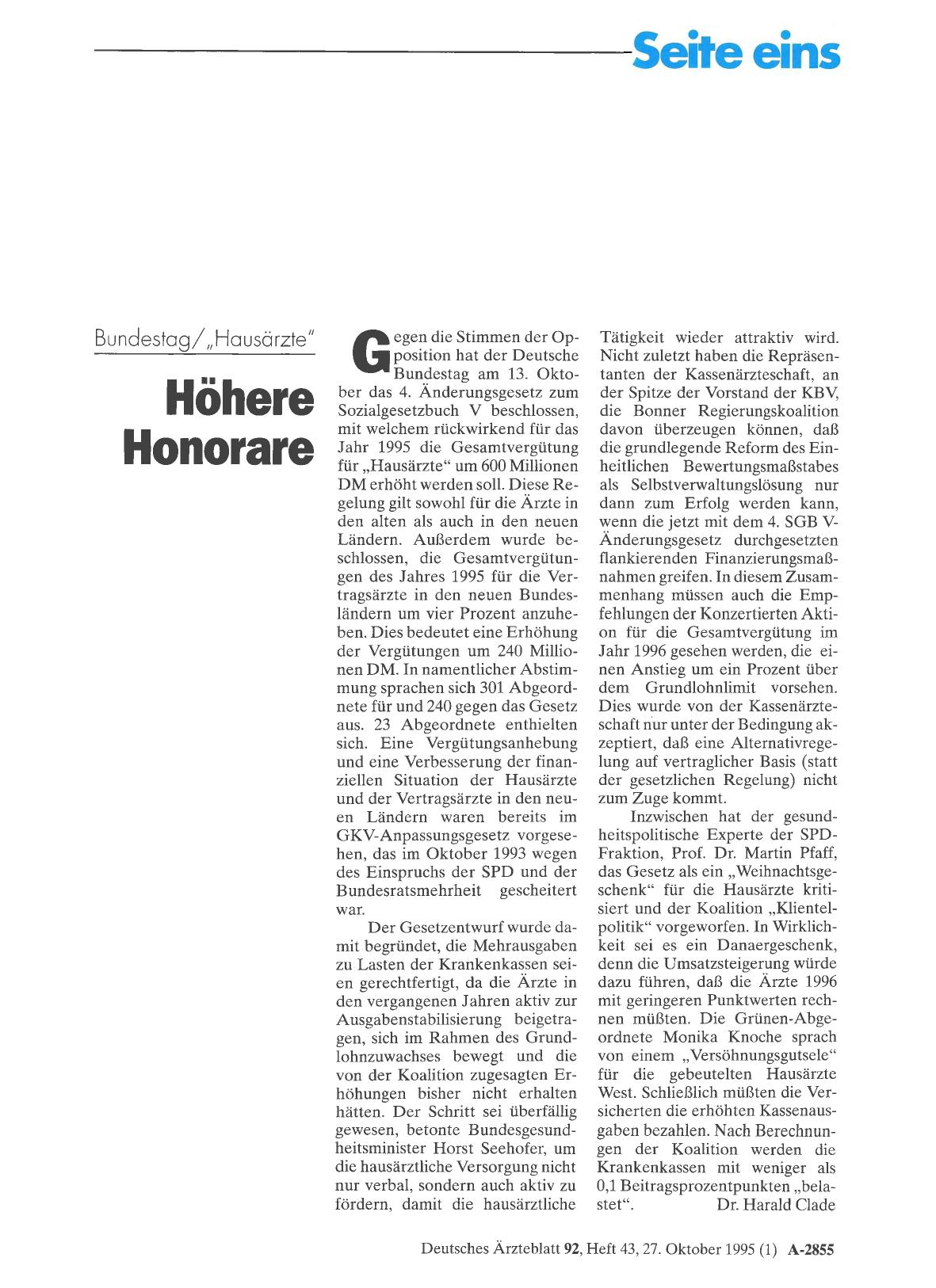 Vorschauseite 1: Bundestag/„Hausärzte“: Höhere Honorare