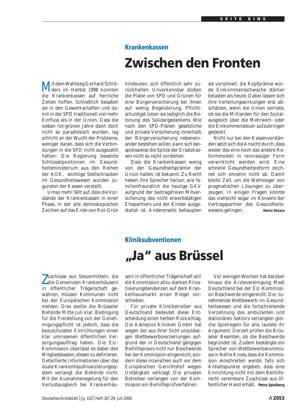 Vorschauseite 1: Kliniksubventionen: „Ja“ aus Brüssel