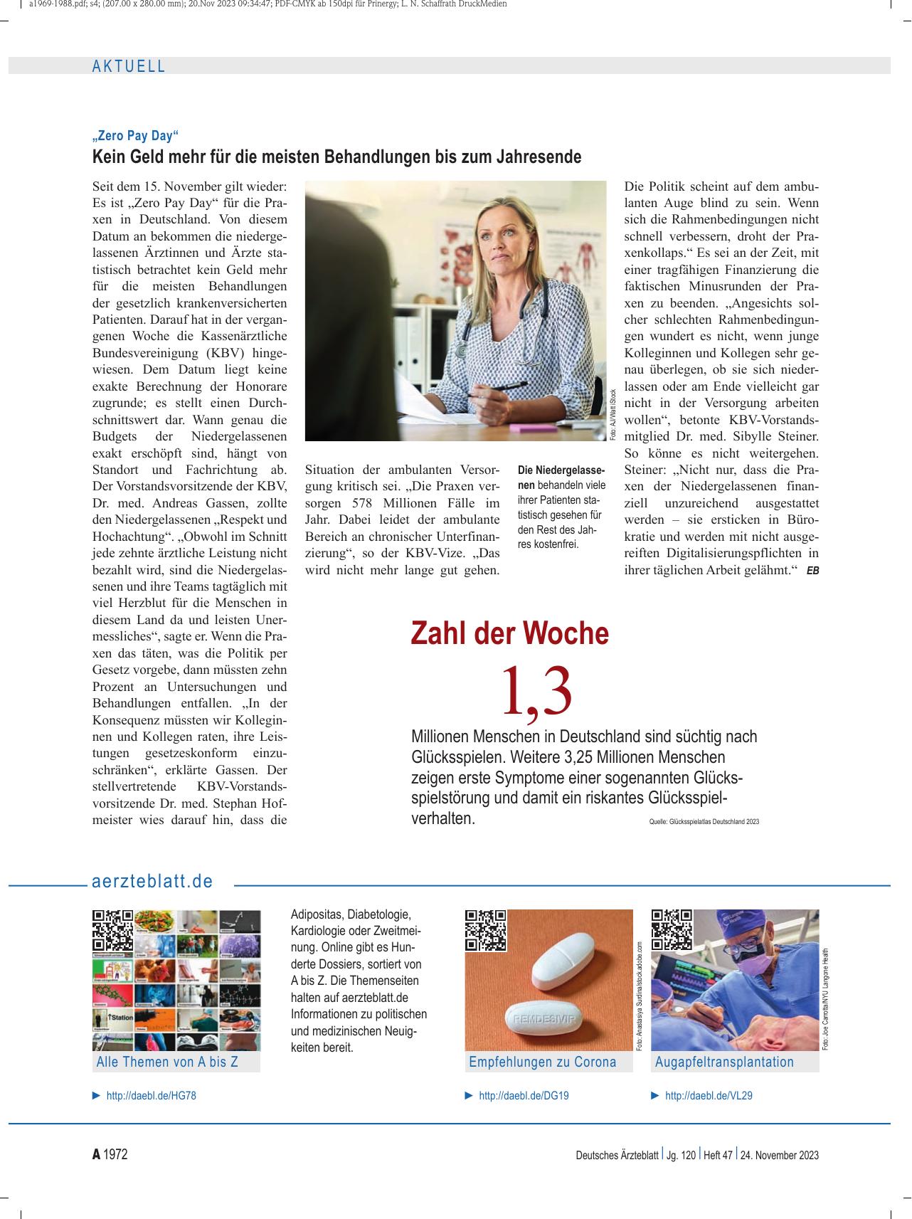 Vorschauseite 1: "Zero Pay Day": Kein Geld mehr für die meisten Behandlungen bis zum Jahresende
