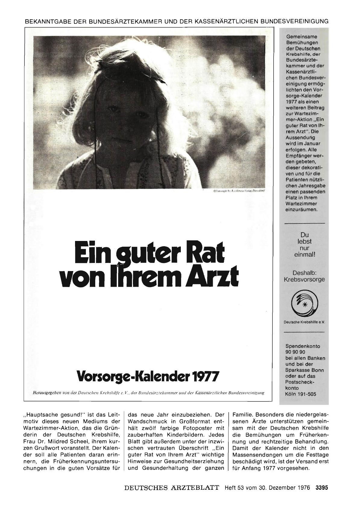 Vorschauseite 1: Ein. guter Rat von ihrem Arzt: Vorsorge-Kalender 1977