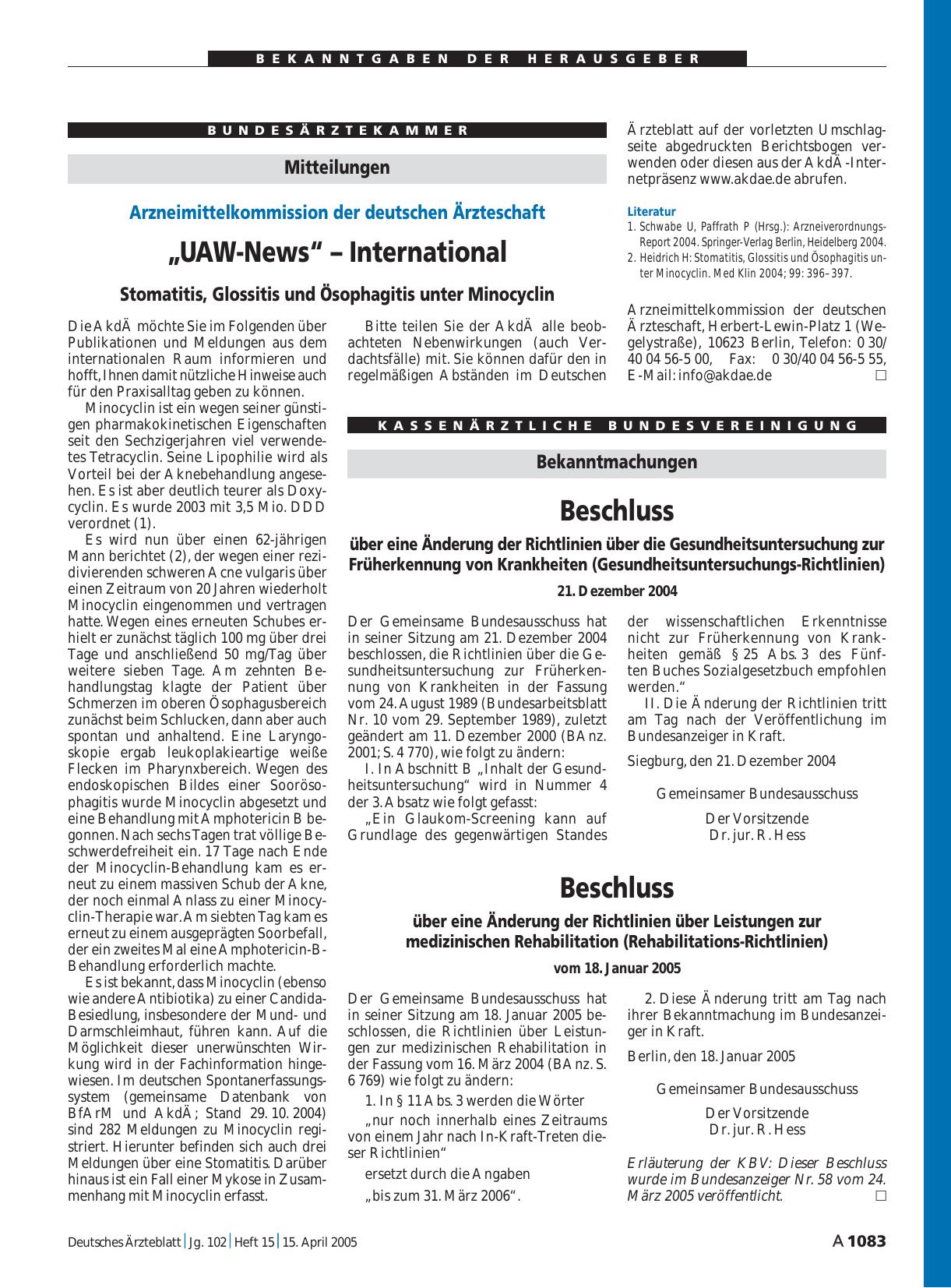Vorschauseite 1: Beschluss über eine Änderung der Richtlinien über Leistungen zur medizinischen Rehabilitation (Rehabilitations-Richtlinien) vom 18. Januar 2005