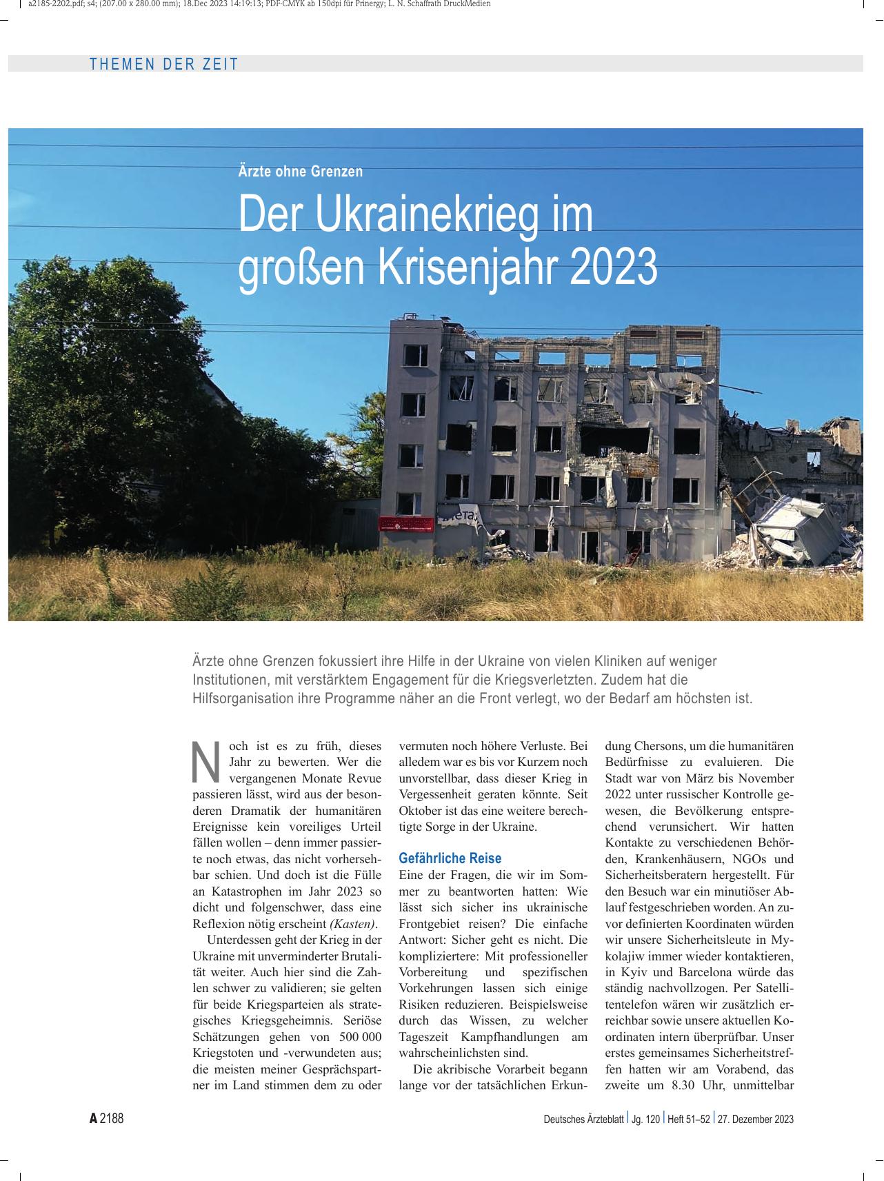 Vorschauseite 1: Ärzte ohne Grenzen: Der Ukraine-Krieg im großen Krisenjahr 2023