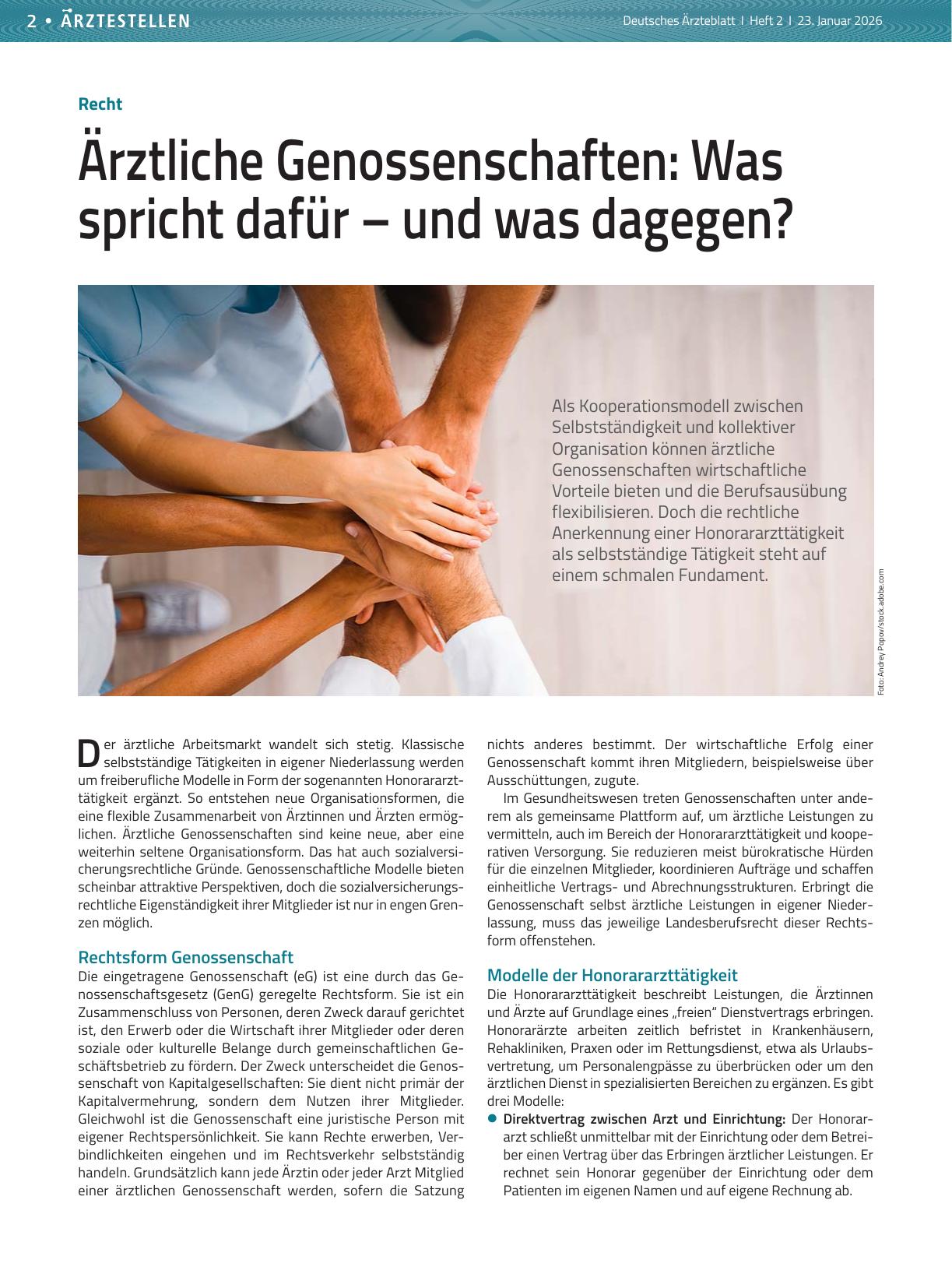Vorschauseite 1: Recht: Ärztliche Genossenschaften — Was spricht dafür – und was dagegen?