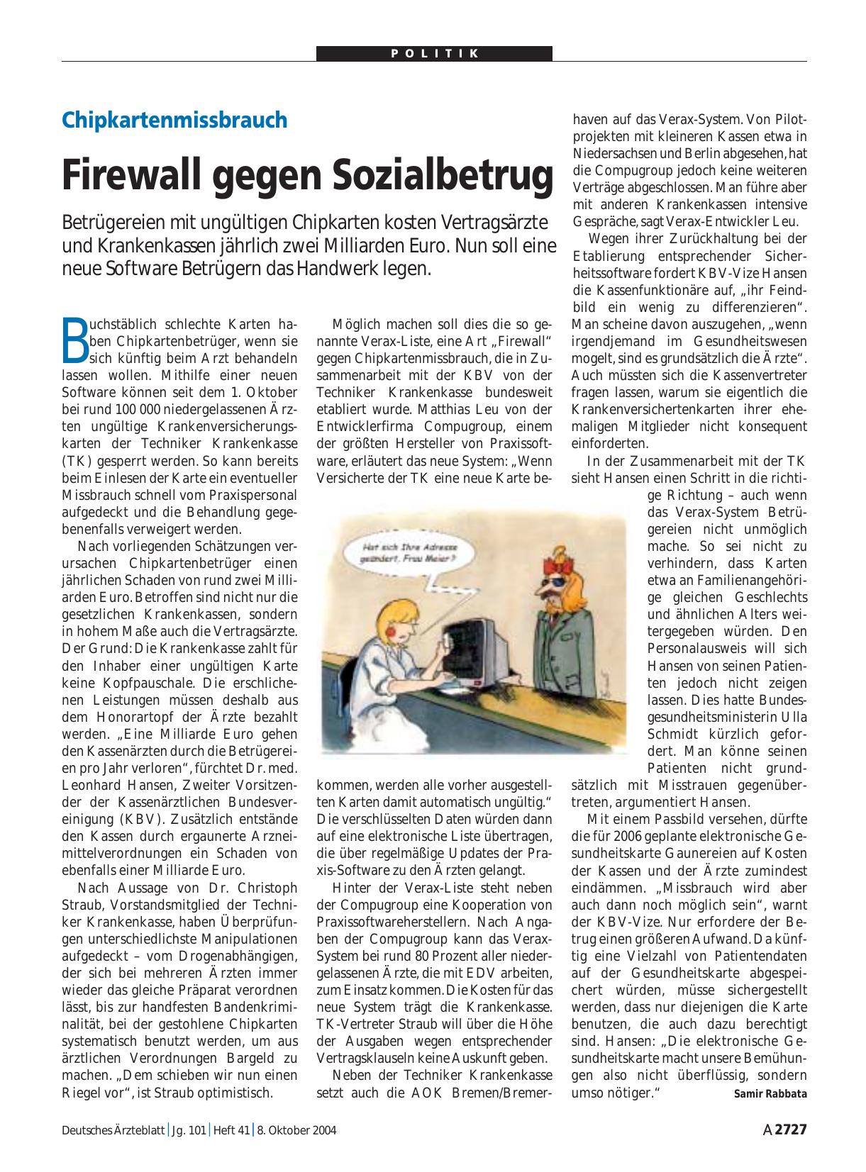 Vorschauseite 1: Chipkartenmissbrauch: Firewall gegen Sozialbetrug