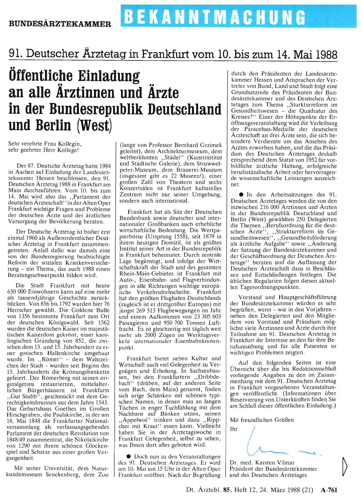 Vorschauseite 1: 91. Deutscher Ärztetag in Frankfurt vom 10. bis zum 14. Mai 1988: Öffentliche Einladung an alle Ärztinnen und Ärzte in der Bundesrepublik Deutschland und Berlin (West)