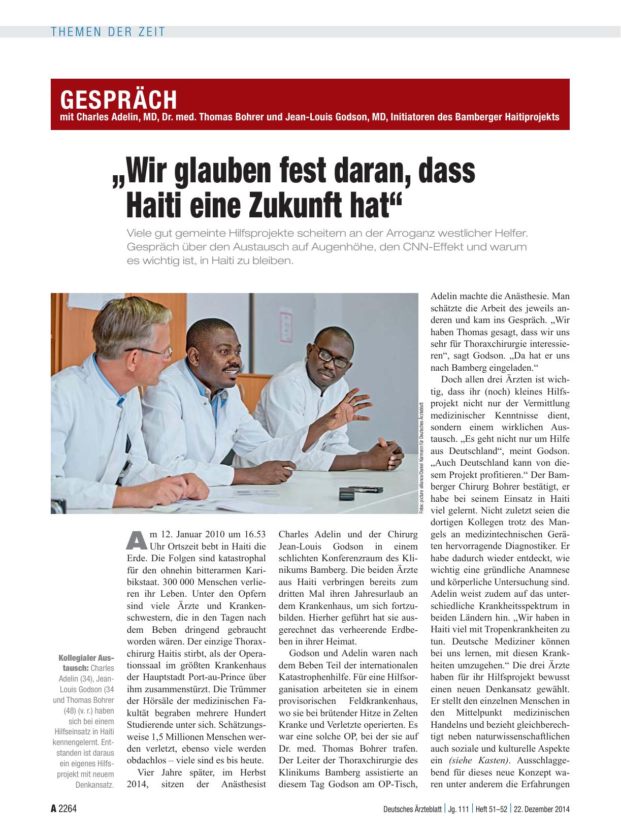 Vorschauseite 1: Gespräch mit Charles Adelin, MD, Dr. med. Thomas Bohrer und Jean-Louis Godson, MD, Initiatoren des Bamberger Haitiprojekts: „Wir glauben fest daran, dass Haiti eine Zukunft hat“