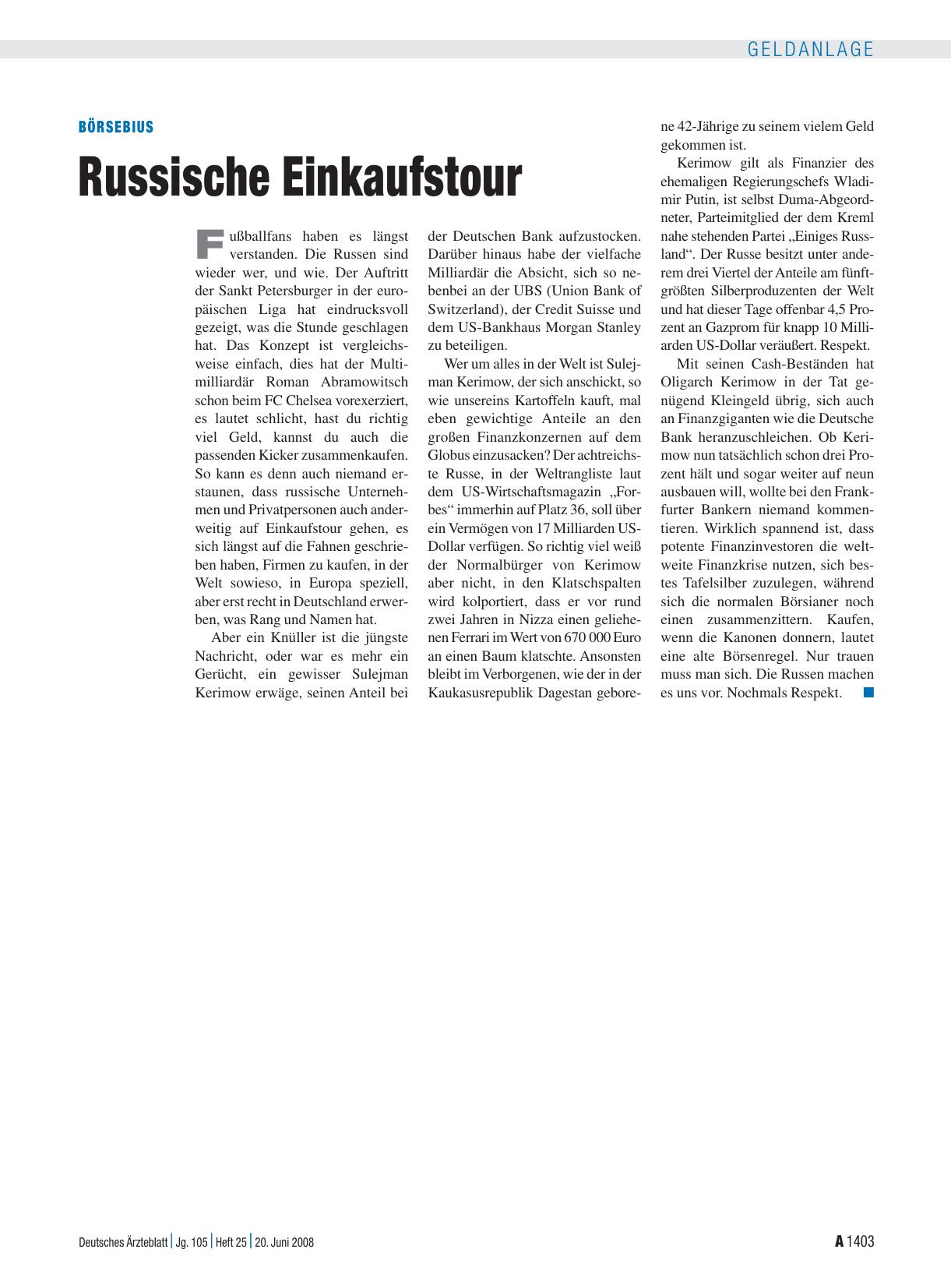 Vorschauseite 1: Börsebius: Russische Einkaufstour