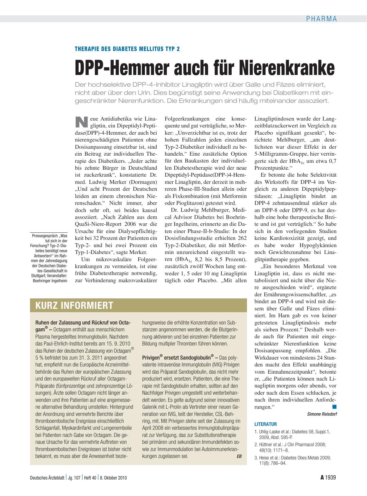 Vorschauseite 1: Therapie des Diabetes mellitus Typ 2: DPP-Hemmer auch für Nierenkranke