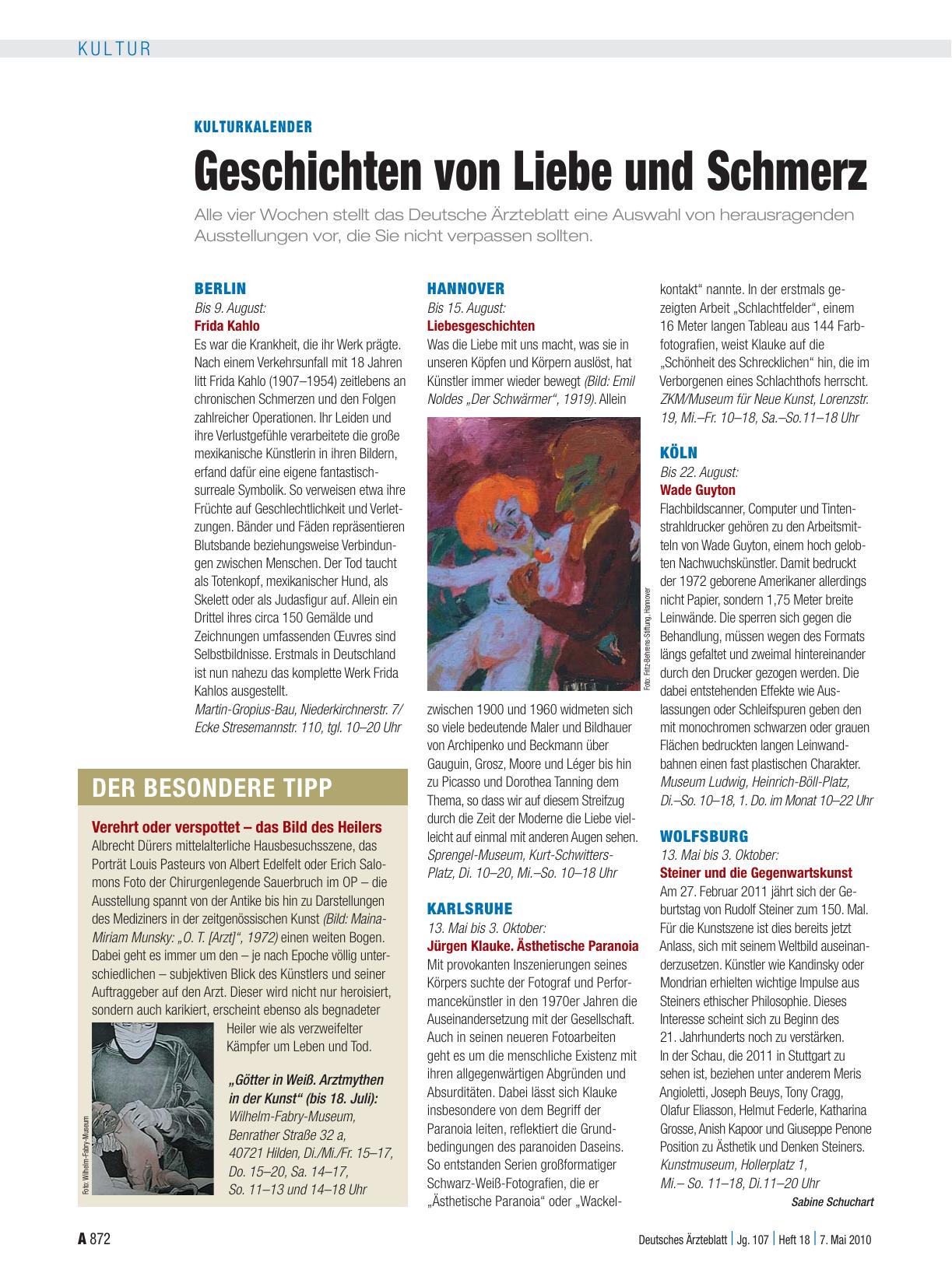 Vorschauseite 1: Kulturkalender: Geschichten von Liebe und Schmerz
