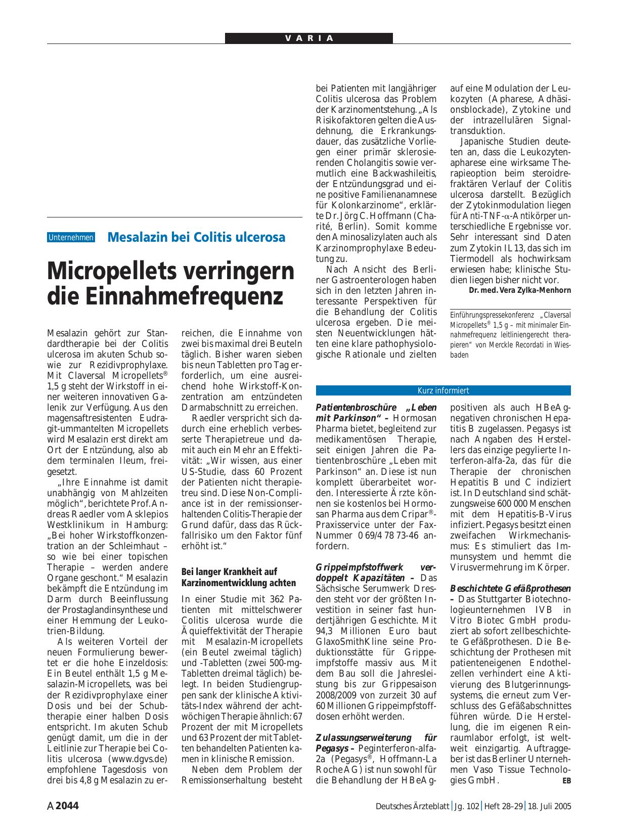 Vorschauseite 1: Mesalazin bei Colitis ulcerosa: Micropellets verringern die Einnahmefrequenz
