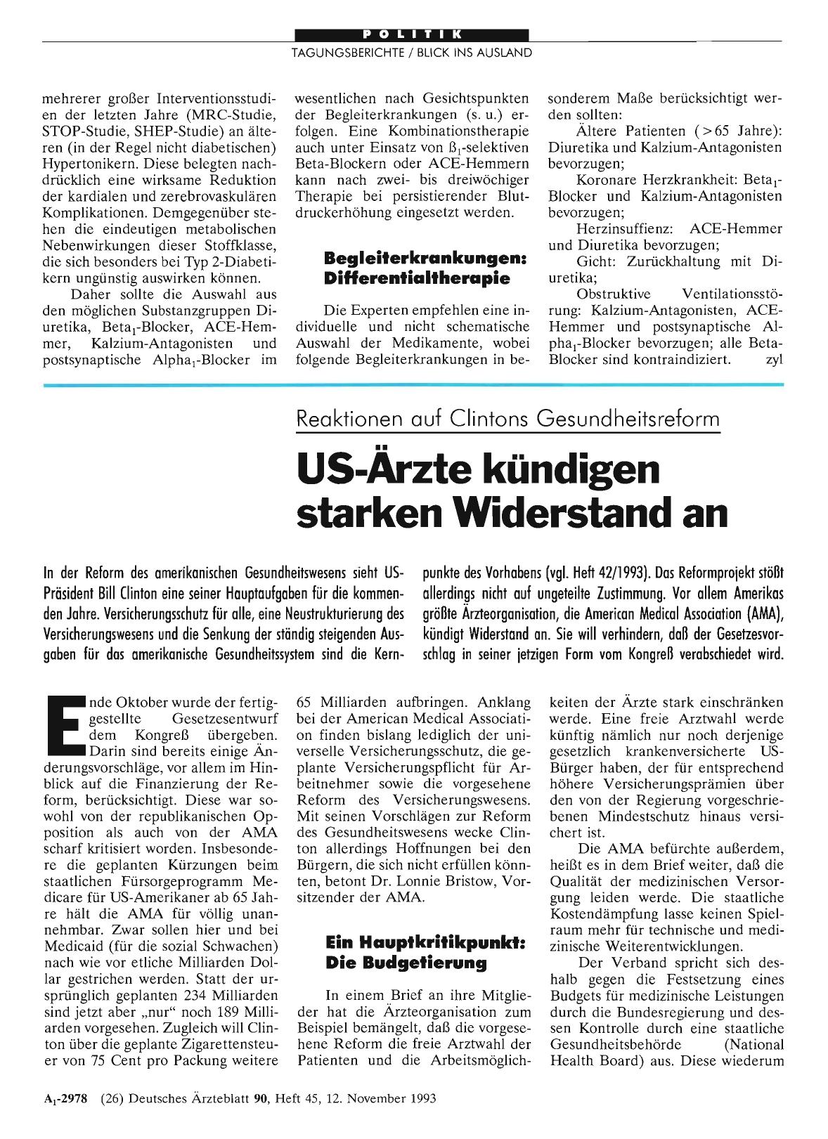 Vorschauseite 1: Reaktionen auf Clintons Gesundheitsreform: US-Ärzte kündigen starken Widerstand an