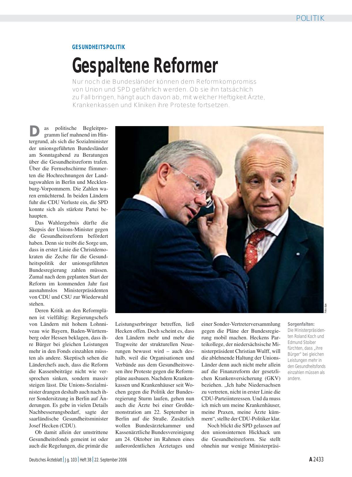 Vorschauseite 1: Gesundheitspolitik: Gespaltene Reformer