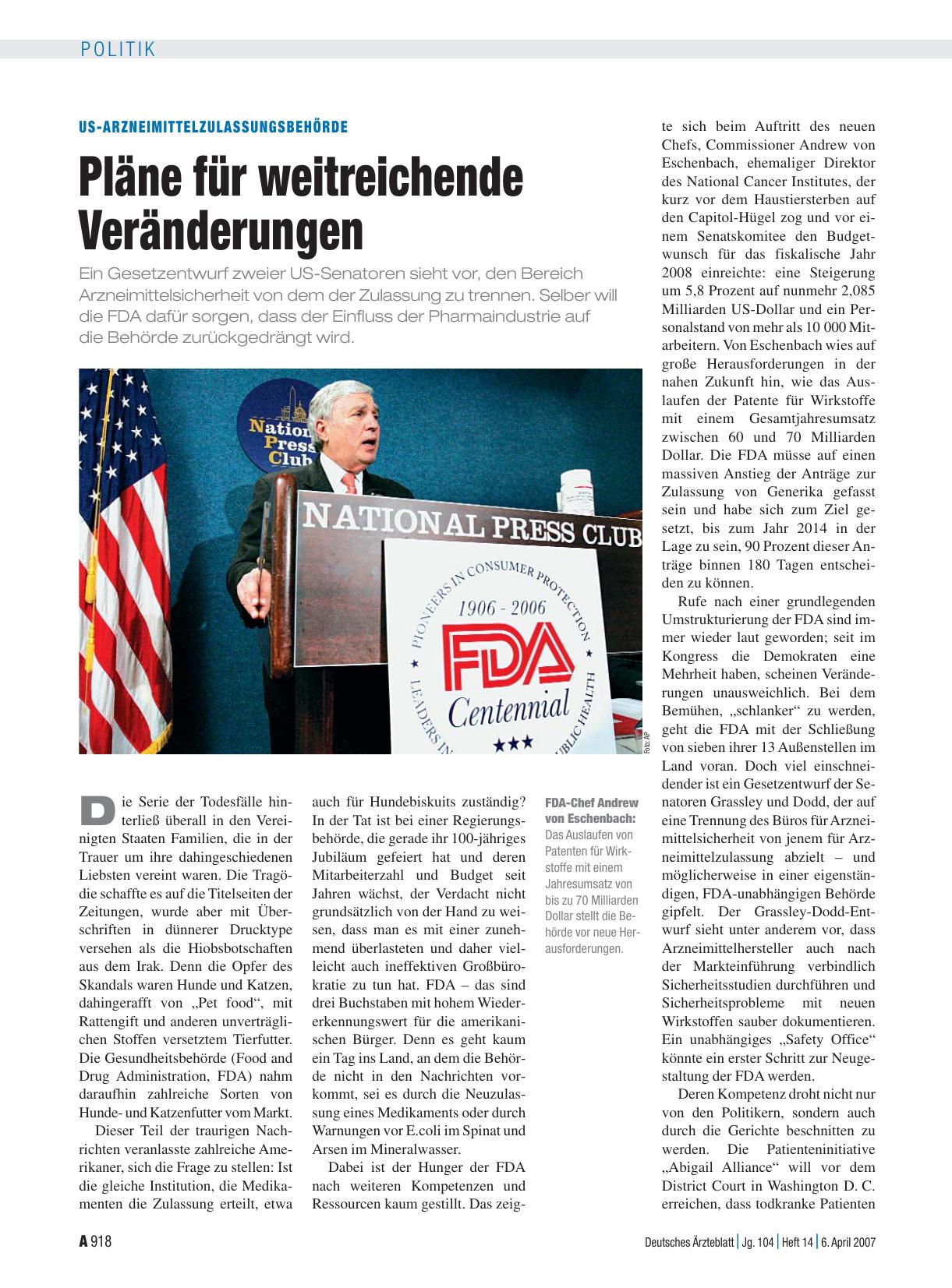Vorschauseite 1: US-ArzneimittelZulassungsbehörde: Pläne für weitreichende Veränderungen