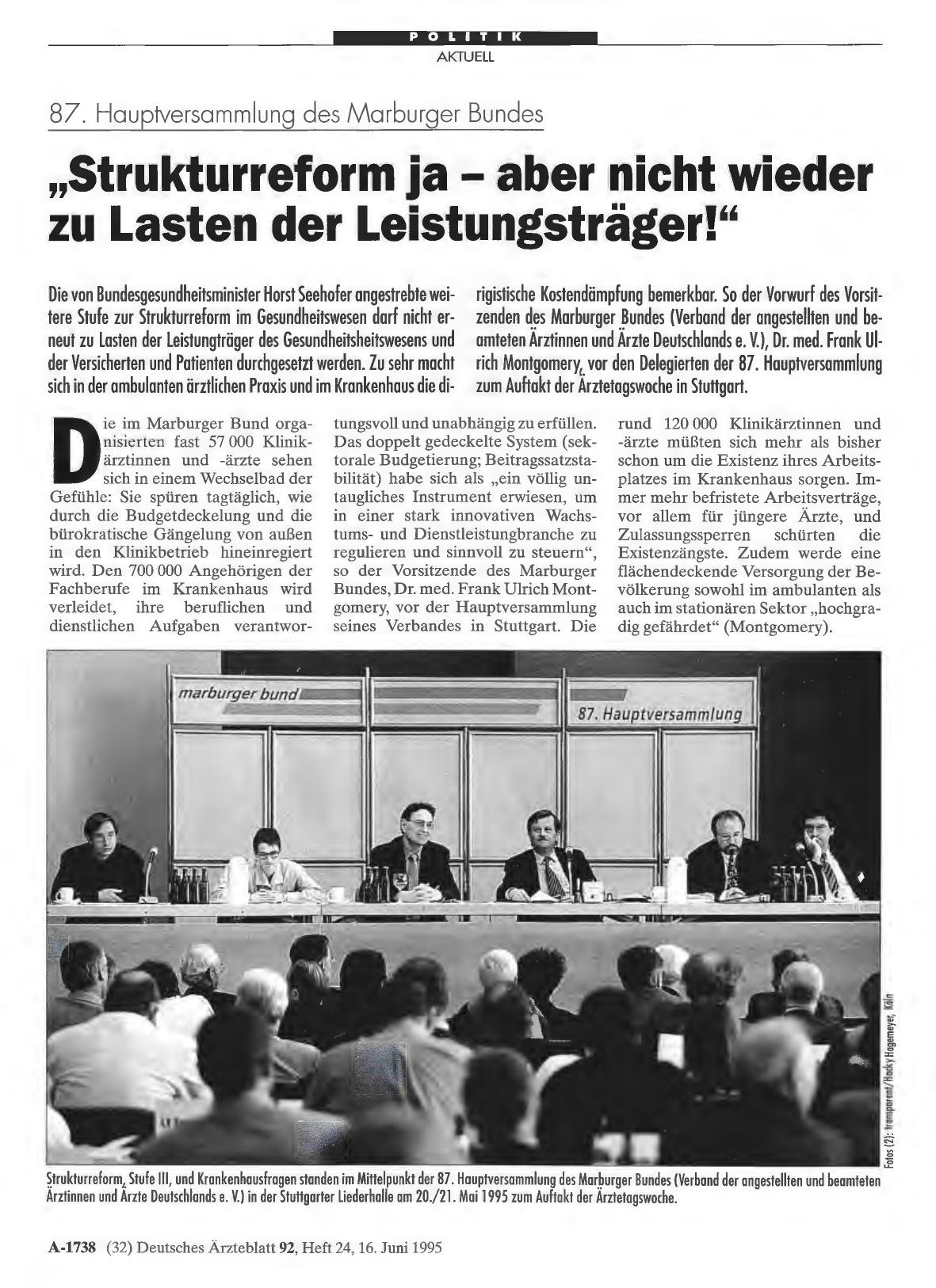 Vorschauseite 1: 87. Hauptversammlung des Marburger Bundes: „Strukturreform ja aber nicht wieder zu Lasten der Leistungsträger! “