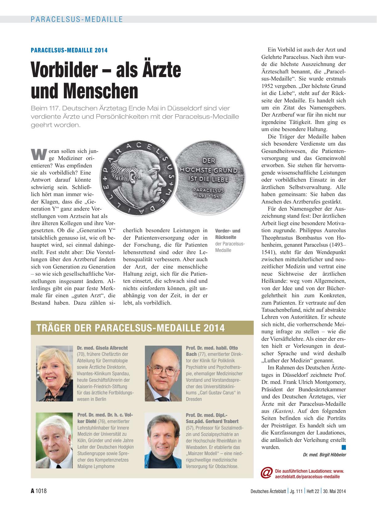 Vorschauseite 1: Paracelsus-Medaille 2014: Vorbilder – als Ärzte und Menschen