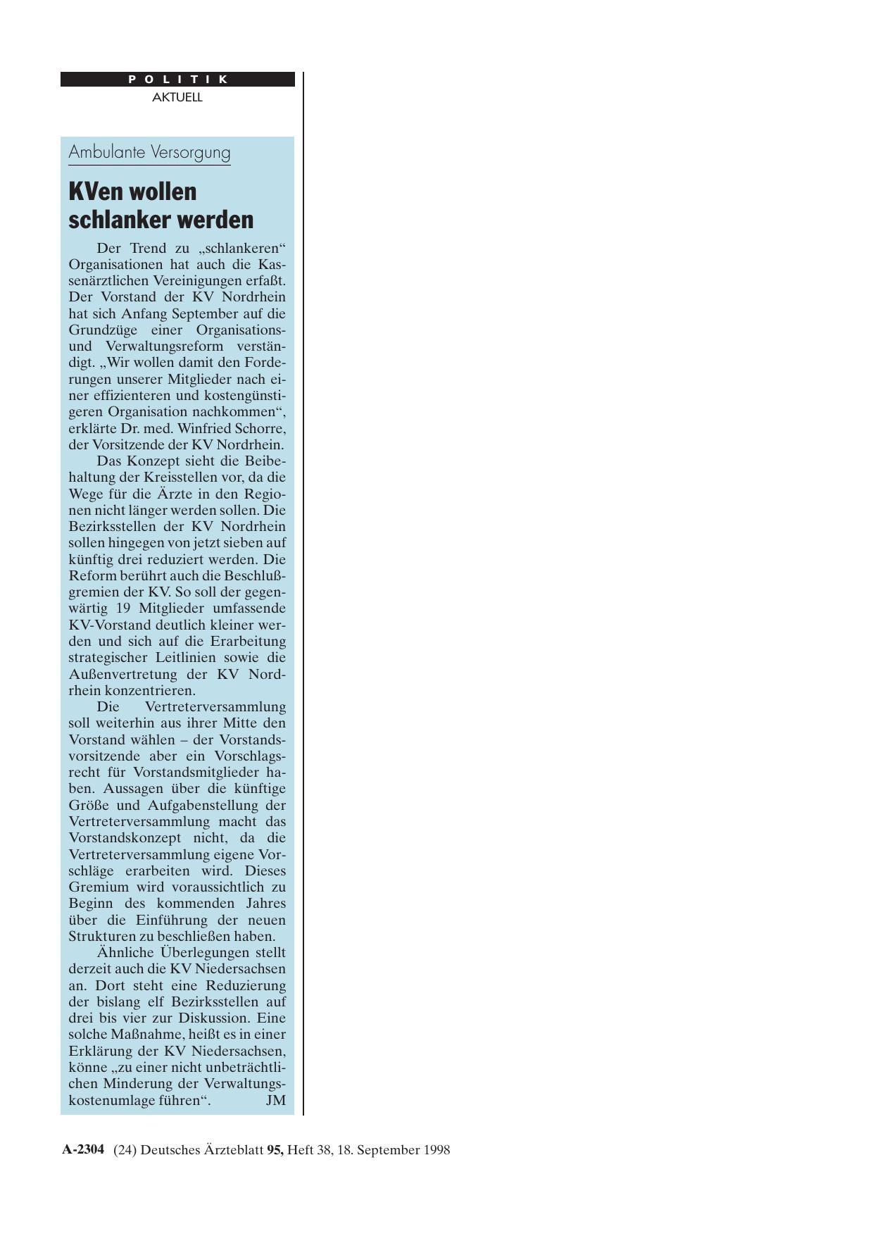 Vorschauseite 1: Ambulante Versorgung: KVen wollen schlanker werden