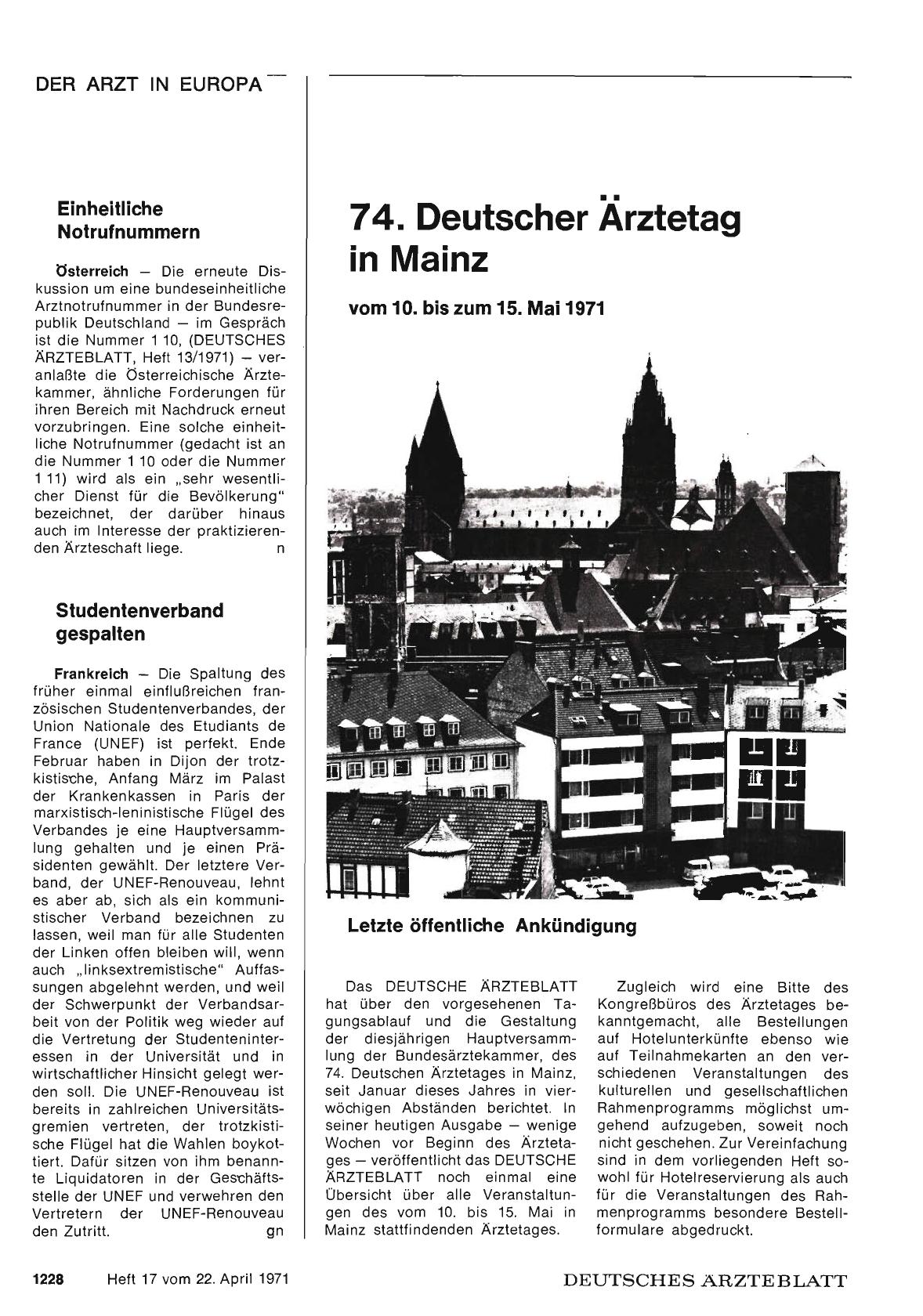 Vorschauseite 1: 74. Deutscher Ärztetag in Mainz vom 10. bis zum 15. Mai 1971
