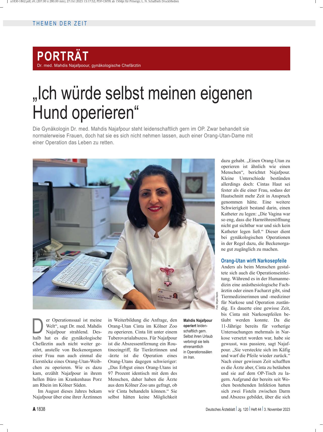 Vorschauseite 1: Dr. med. Mahdis Najafpoor, gynäkologische Chefärztin: „Ich würde selbst meinen eigenen Hund operieren“