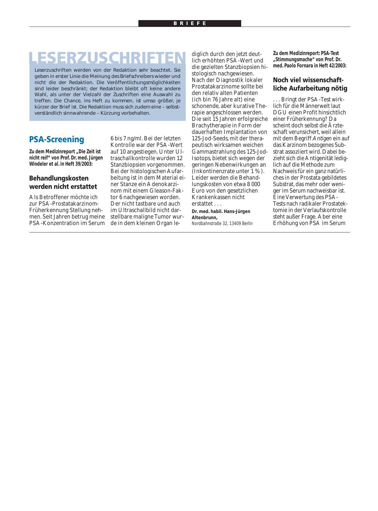 Vorschauseite 1: PSA-Screening: Behandlungskosten werden nicht erstattet