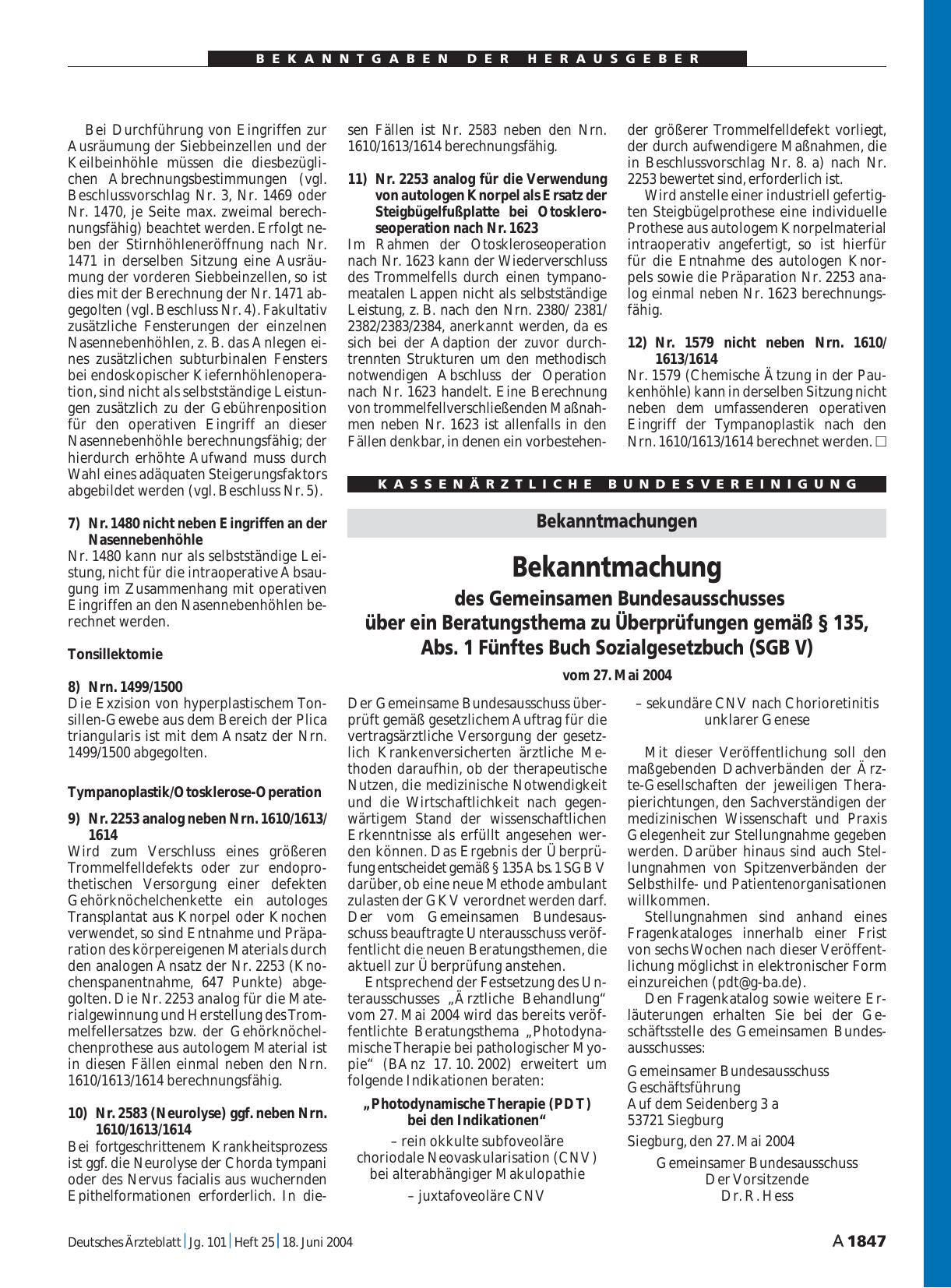 Vorschauseite 1: Bekanntmachungen: Bekanntmachung des Gemeinsamen Bundesausschusses über ein Beratungsthema zu Überprüfungen gemäß § 135, Abs. 1 Fünftes Buch Sozialgesetzbuch (SGB V) vom 27. Mai 2…