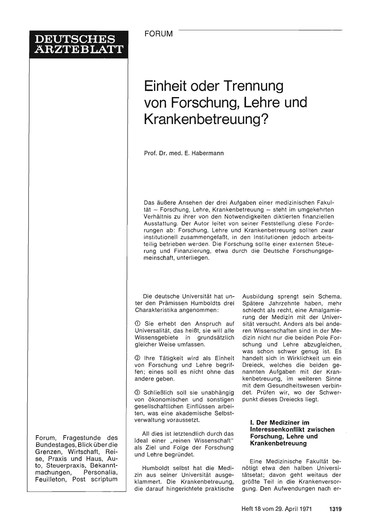 Vorschauseite 1: Einheit oder Trennung von Forschung, Lehre und Krankenbetreuung?
