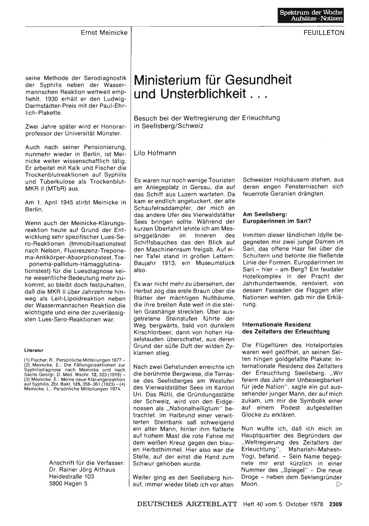 Vorschauseite 1: Ministerium für Gesundheit und Unsterblichkeit. .. : Besuch bei der Weltregierung der Erleuchtung in Seelisberg/Schweiz
