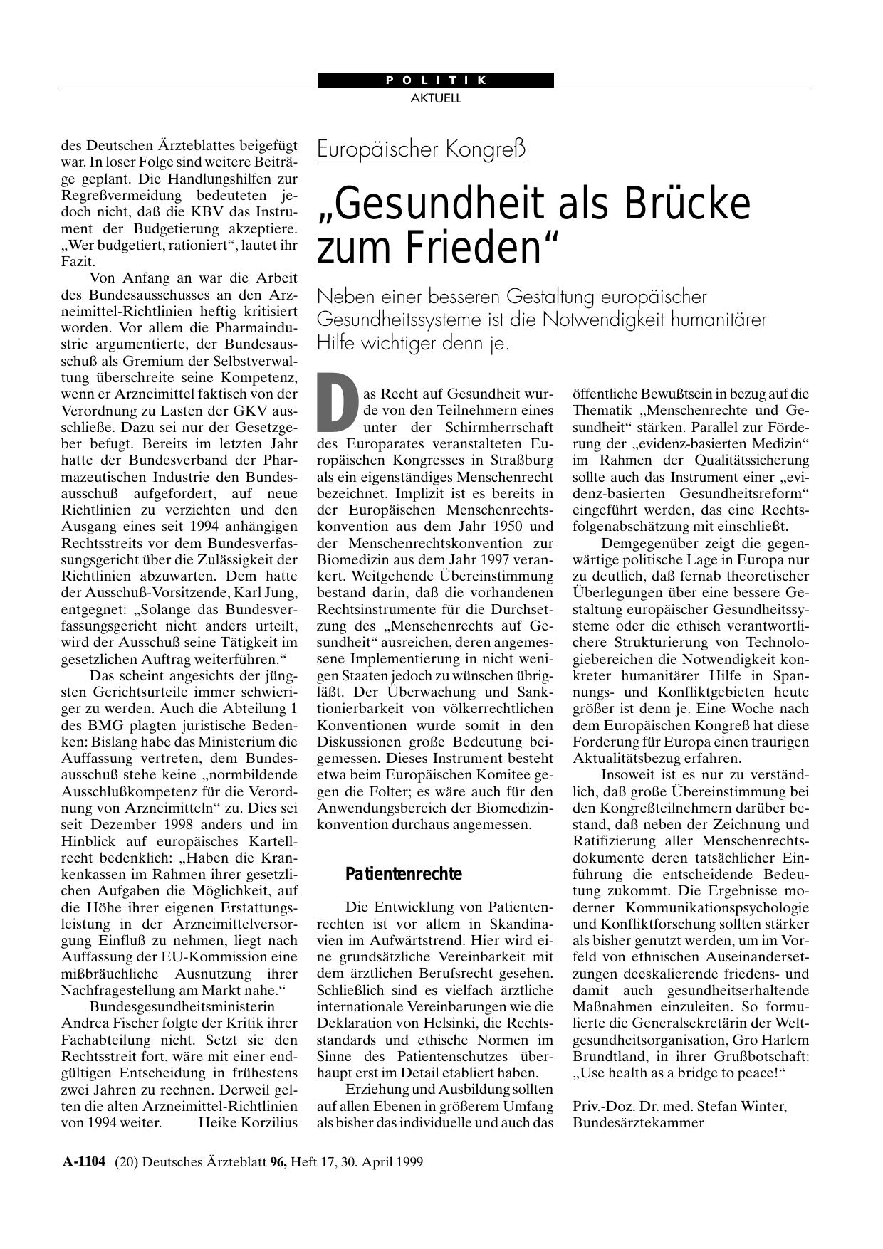Vorschauseite 1: Europäischer Kongreß: „Gesundheit als Brücke zum Frieden“
