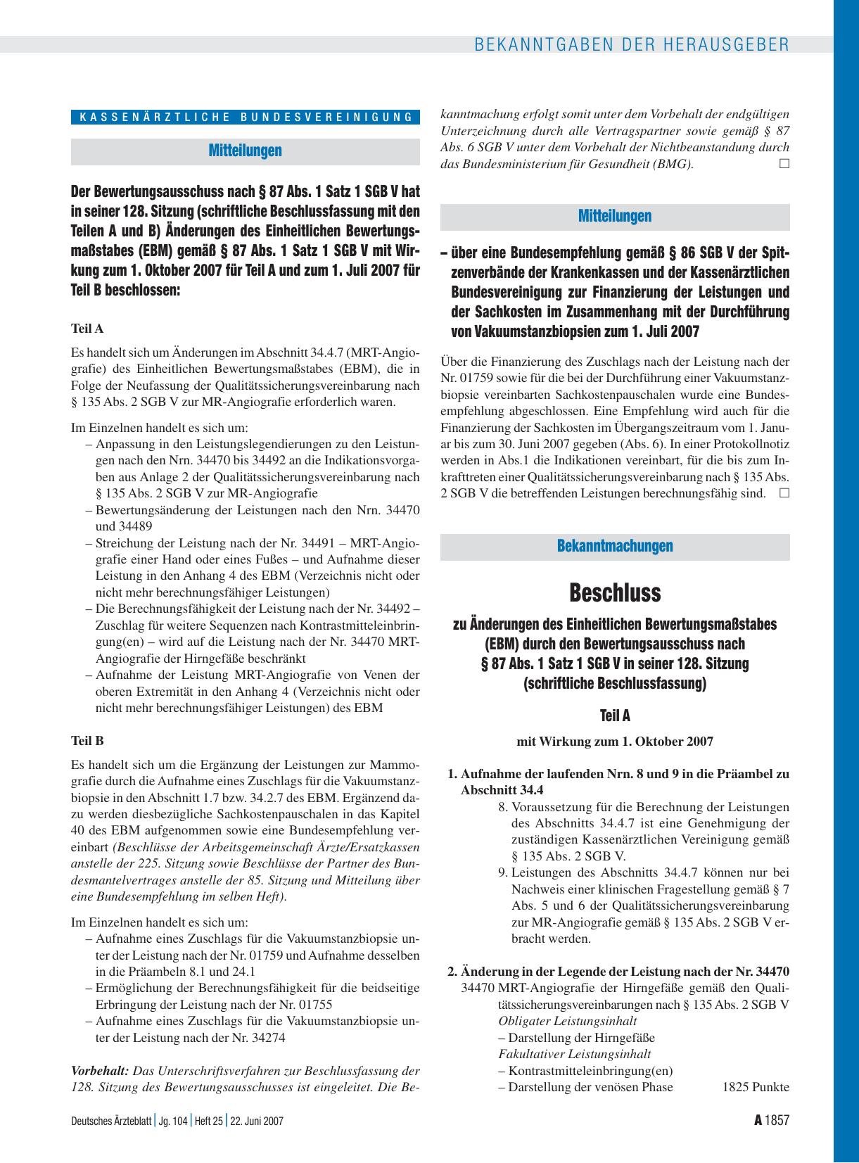 Vorschauseite 1: Mitteilungen – über eine Bundesempfehlung gemäß § 86 SGB V der Spitzenverbände der Krankenkassen und der Kassenärztlichen Bundesvereinigung zur Finanzierung der Leistungen und der…