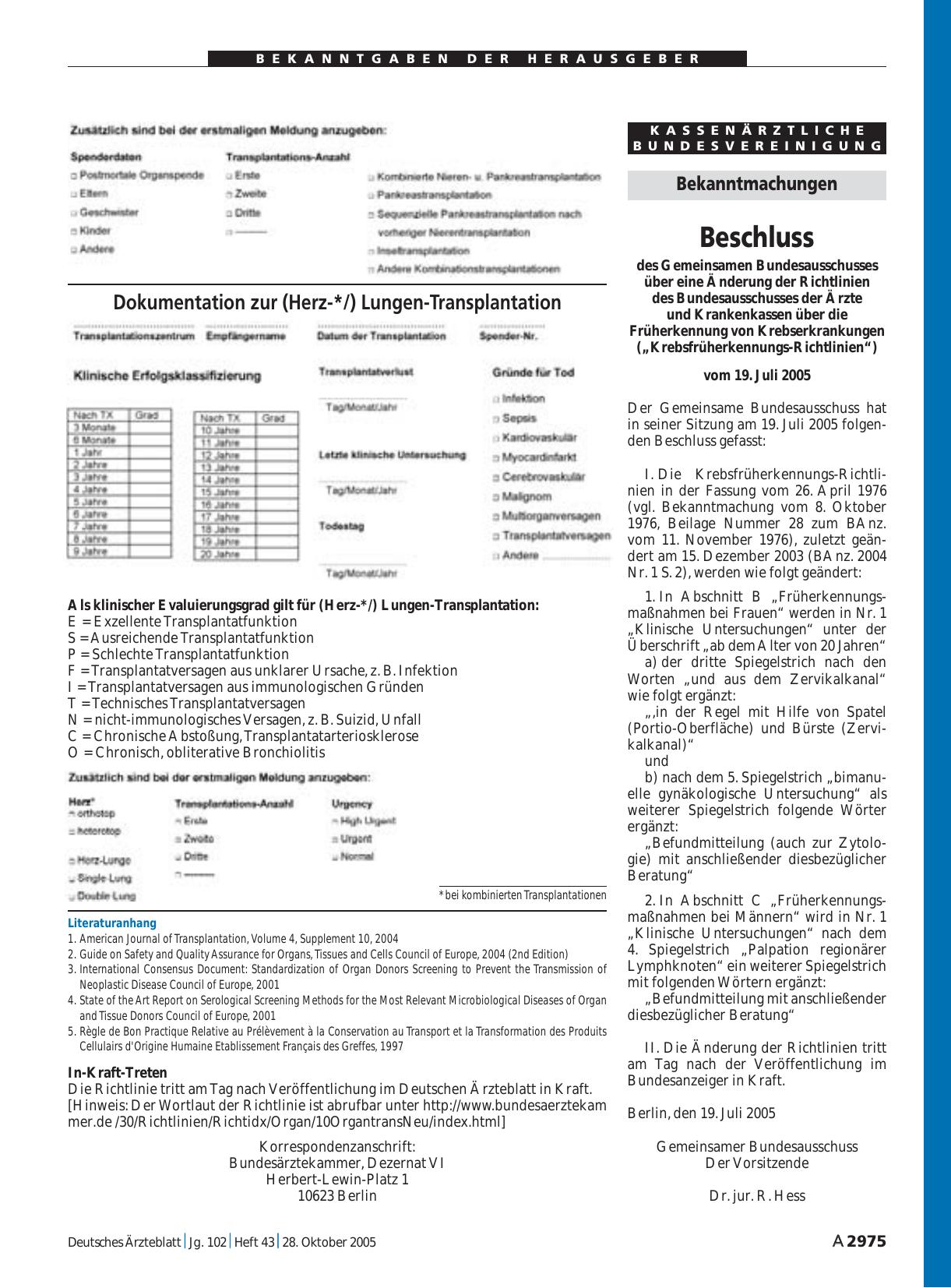Vorschauseite 1: Bekanntmachungen: Beschluss des Gemeinsamen Bundesausschusses über eine Änderung der Richtlinien des Bundesausschusses der Ärzte und Krankenkassen über die Früherkennung von Krebs…