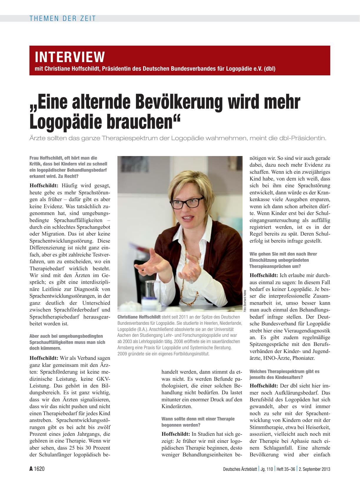 Vorschauseite 1: Interview mit Christiane Hoffschildt, Präsidentin des Deutschen Bundesverbandes für Logopädie e.V. (dbl): „Eine alternde Bevölkerung wird mehr Logopädie brauchen“