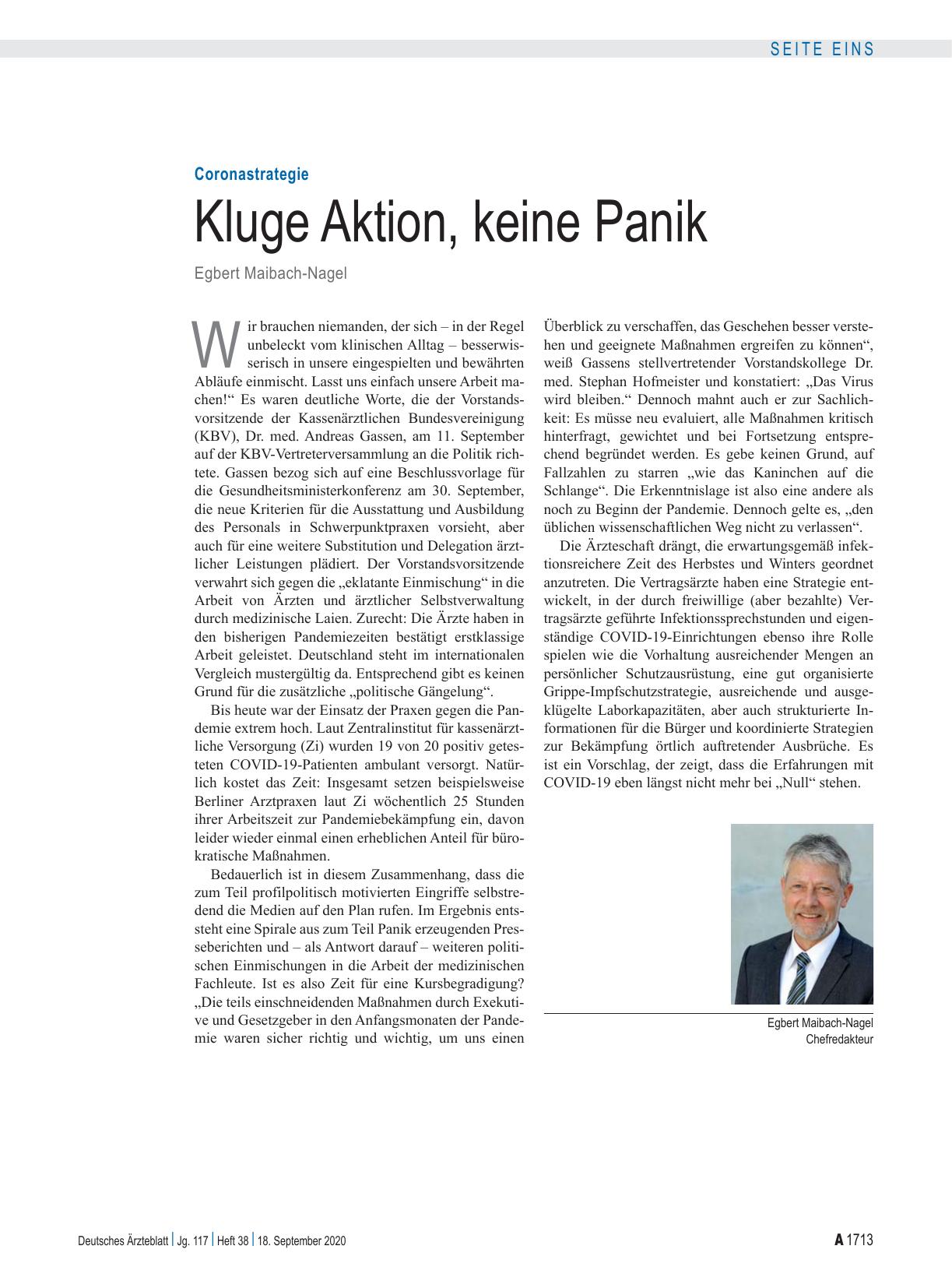 Vorschauseite 1: Coronastrategie: Kluge Aktion, keine Panik