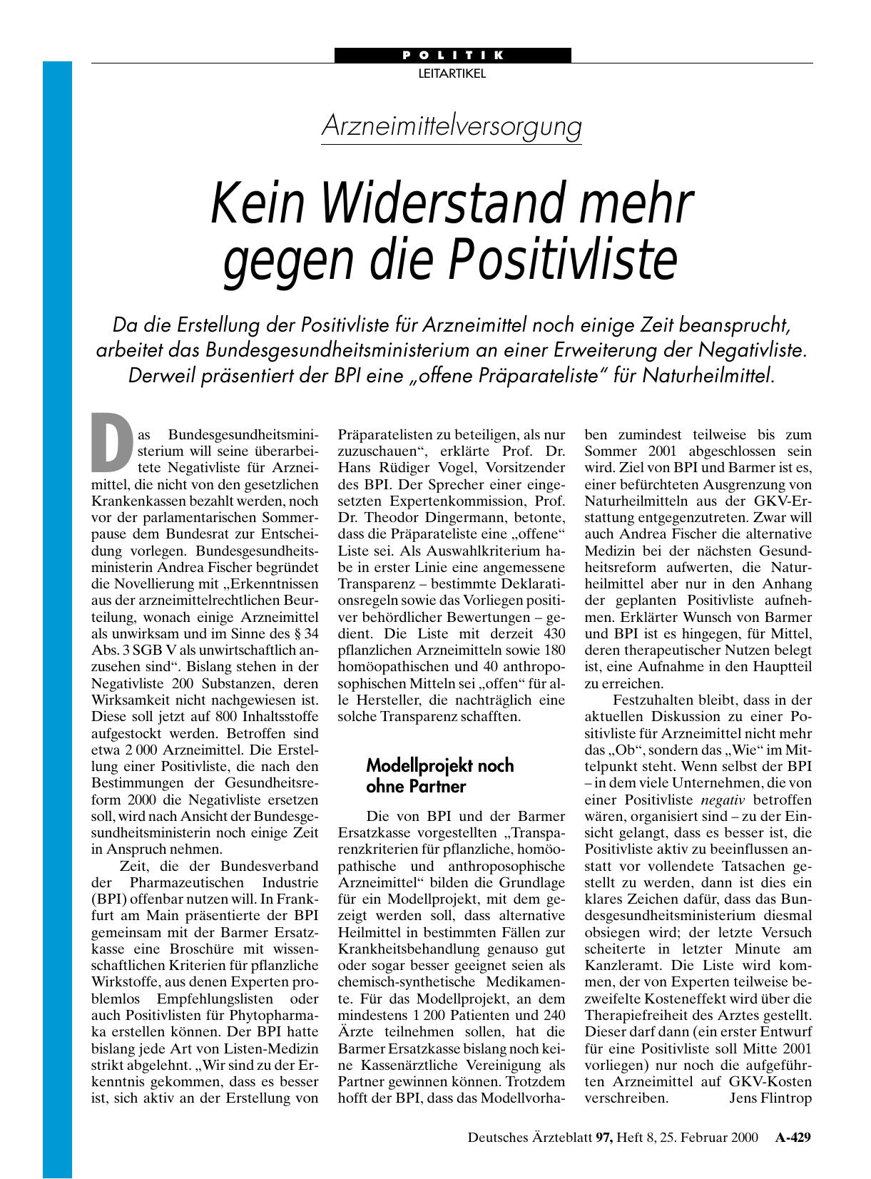 Vorschauseite 1: Arzneimittelversorgung: Kein Widerstand mehr gegen die Positivliste