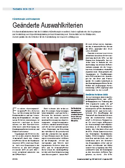 Vorschauseite 1: Hämotherapie und Blutspende: Geänderte Auswahlkriterien