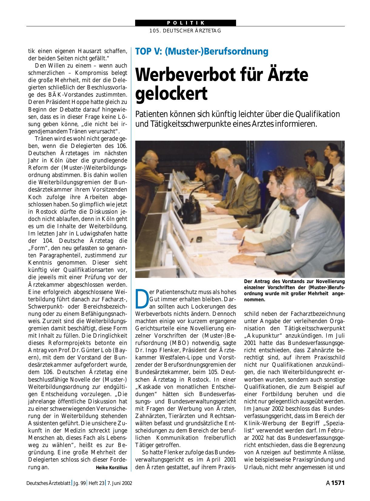 Vorschauseite 1: TOP V - (Muster-)Berufsordnung: Werbeverbot für Ärzte gelockert