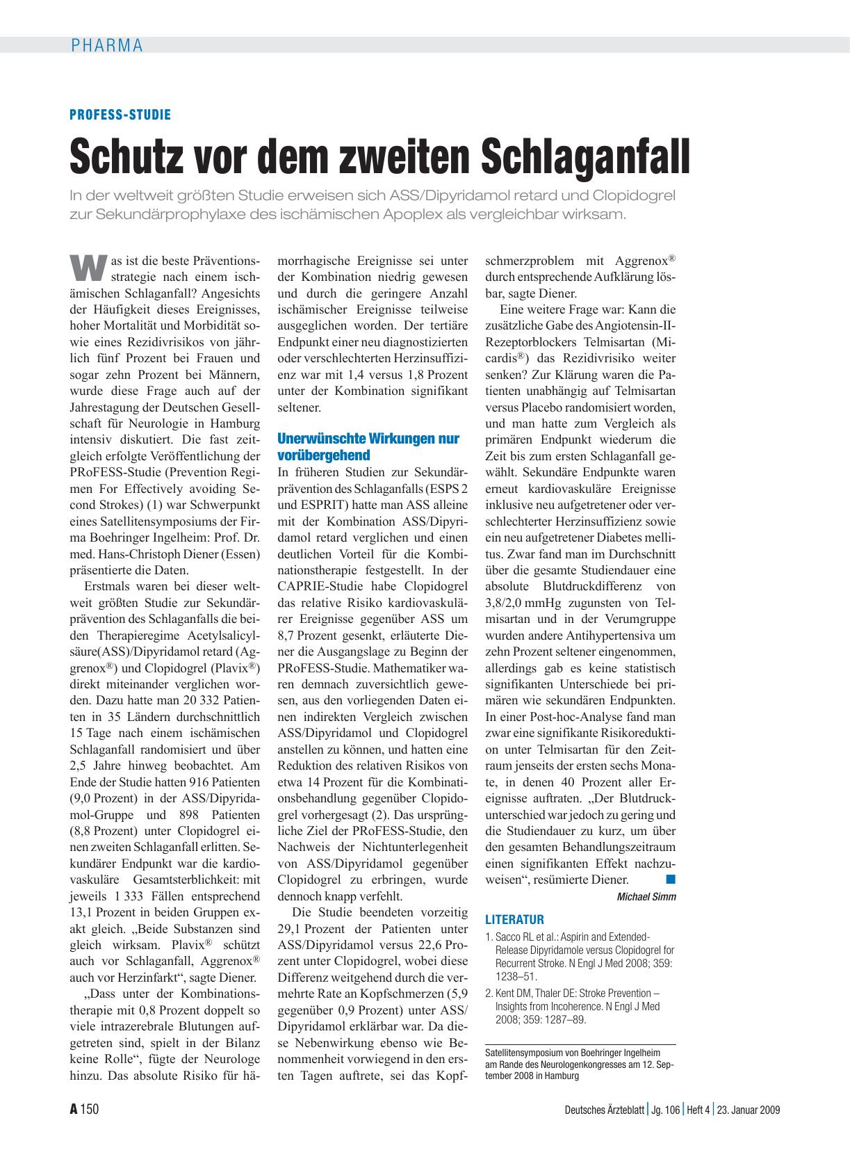 Vorschauseite 1: Profess-Studie: Schutz vor dem zweiten Schlaganfall