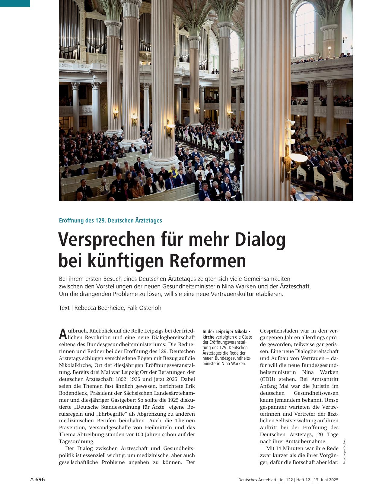 Vorschauseite 1: Eröffnung des 129. Deutschen Ärztetages: Versprechen für mehr Dialog bei künftigen Reformen