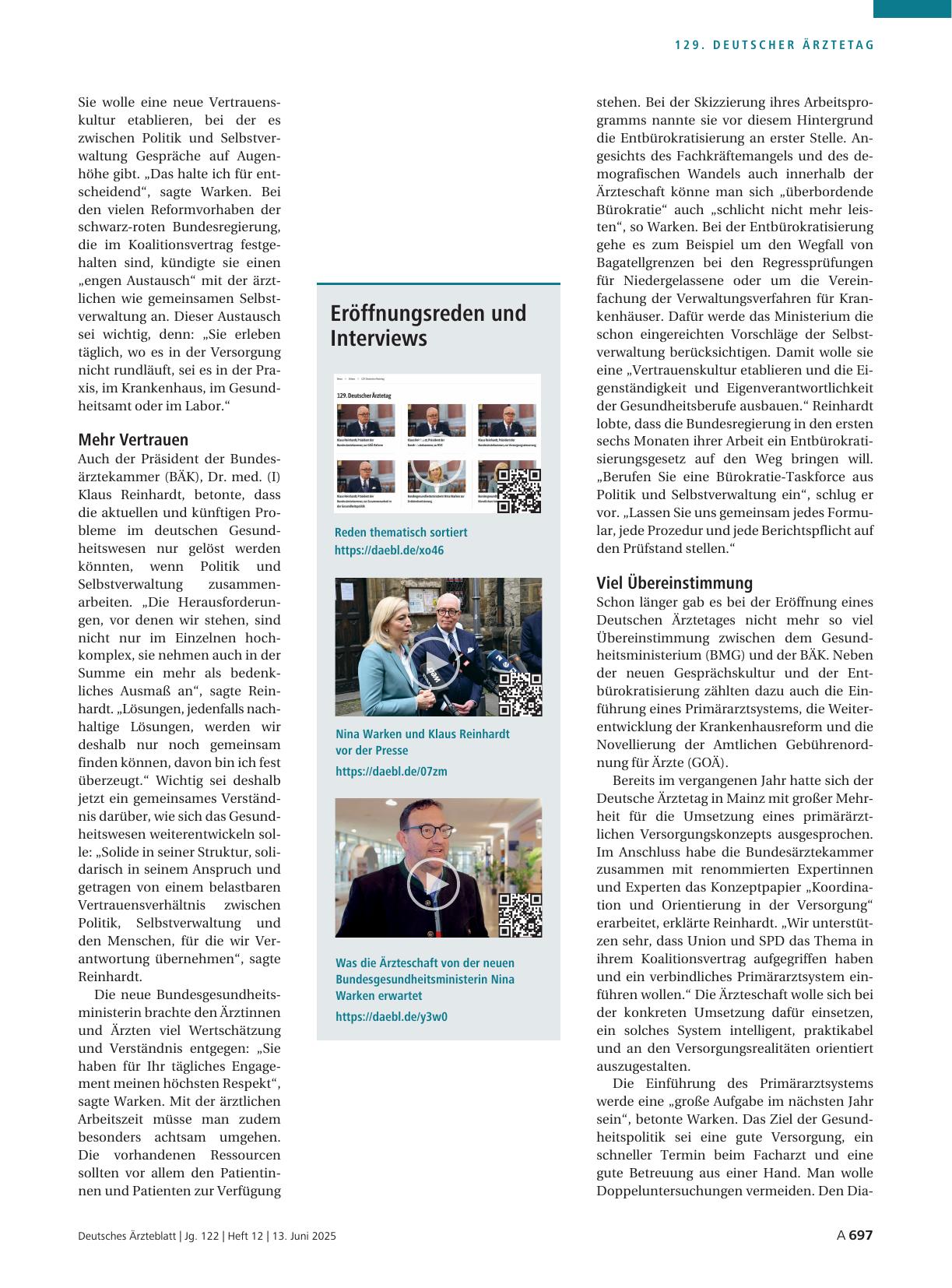 Vorschauseite 2: Eröffnung des 129. Deutschen Ärztetages: Versprechen für mehr Dialog bei künftigen Reformen