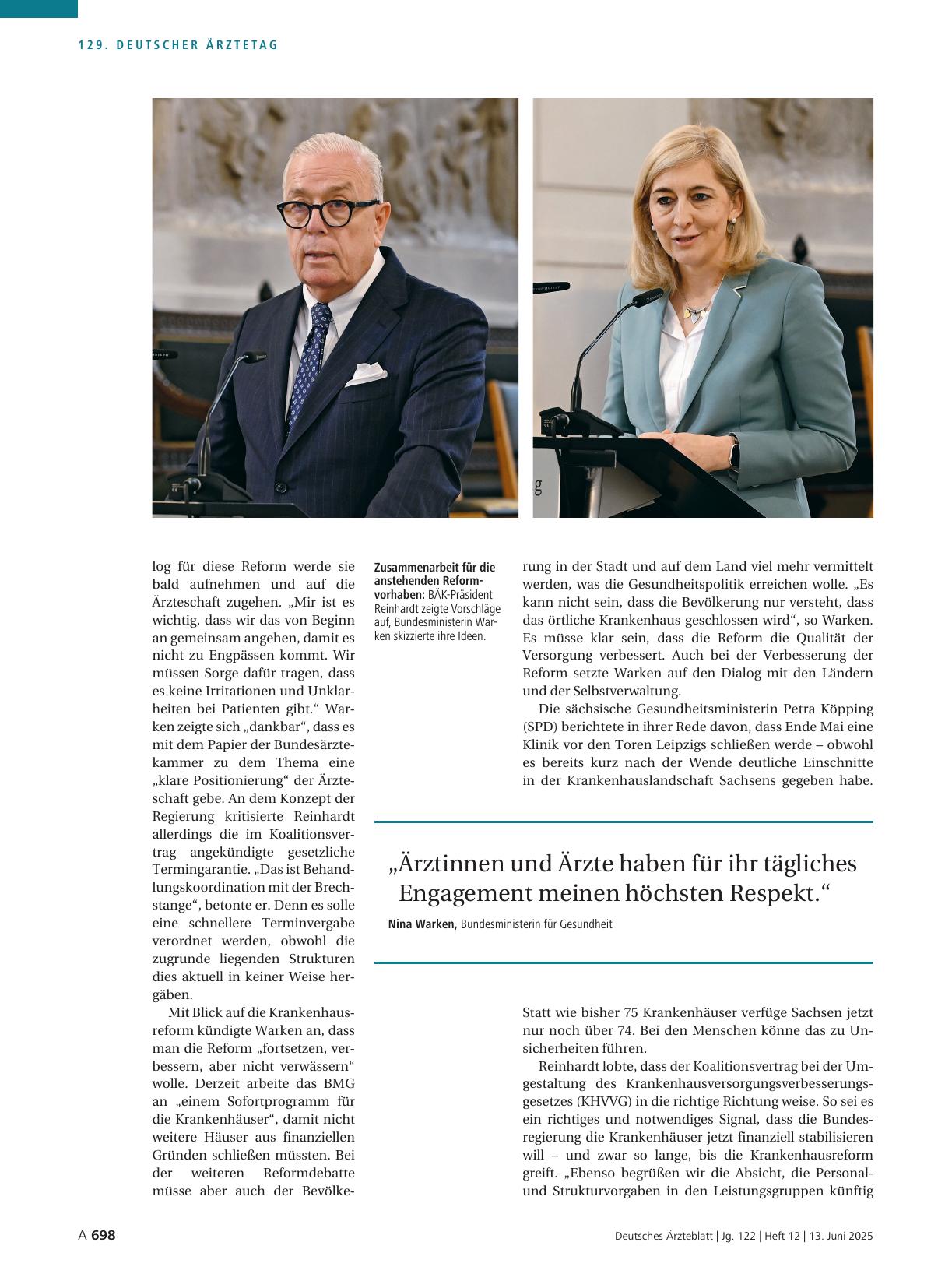 Vorschauseite 3: Eröffnung des 129. Deutschen Ärztetages: Versprechen für mehr Dialog bei künftigen Reformen