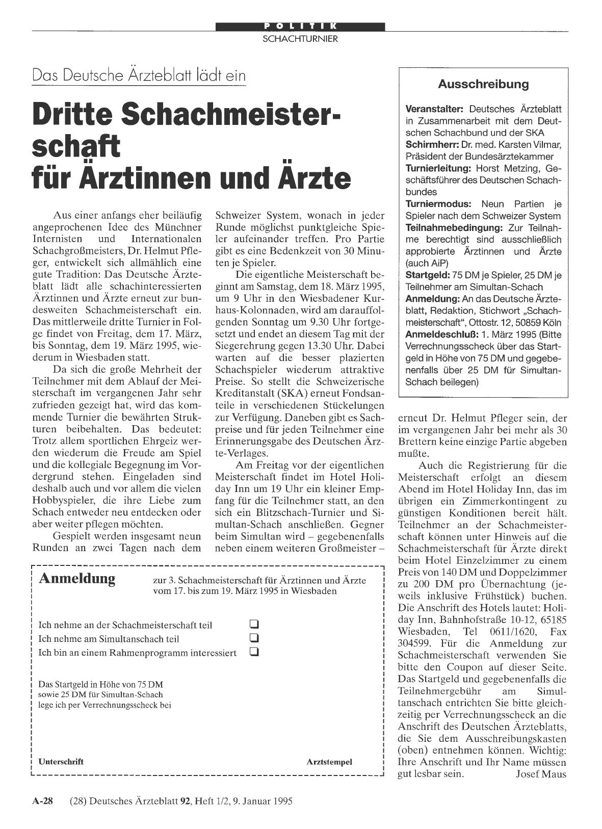 Vorschauseite 1: Das Deutsche Ärzteblatt lädt ein: Dritte Schachmeisterschaft für Ärztinnen und Ärzte