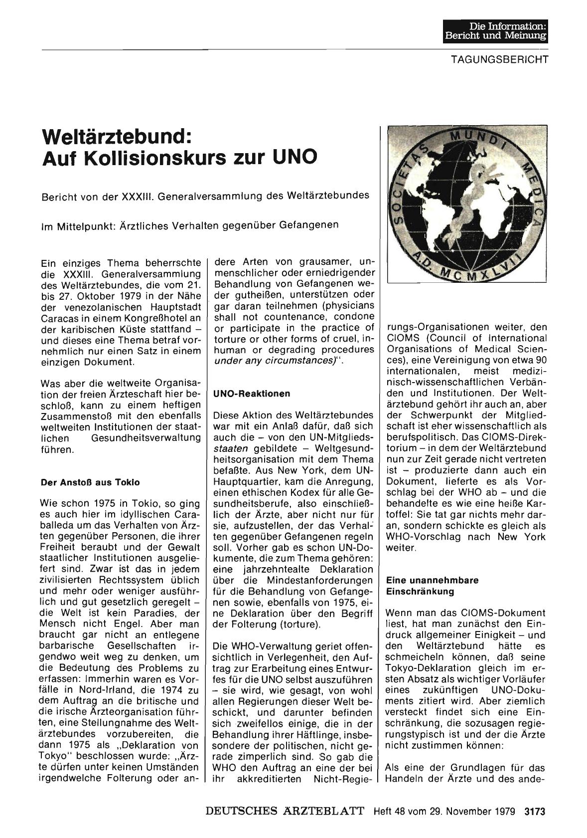 Vorschauseite 1: Weltärztebund: Auf Kollisionskurs zur UNO: Bericht von der XXXIII. Generalversammlung des Weltärztebundes