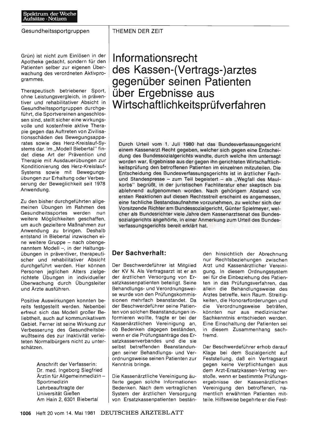 Vorschauseite 1: Informationsrecht des Kassen-(Vertrags-)arztes gegenüber seinen Patienten über Ergebnisse aus Wirtschaftlichkeitsprüfverfahren