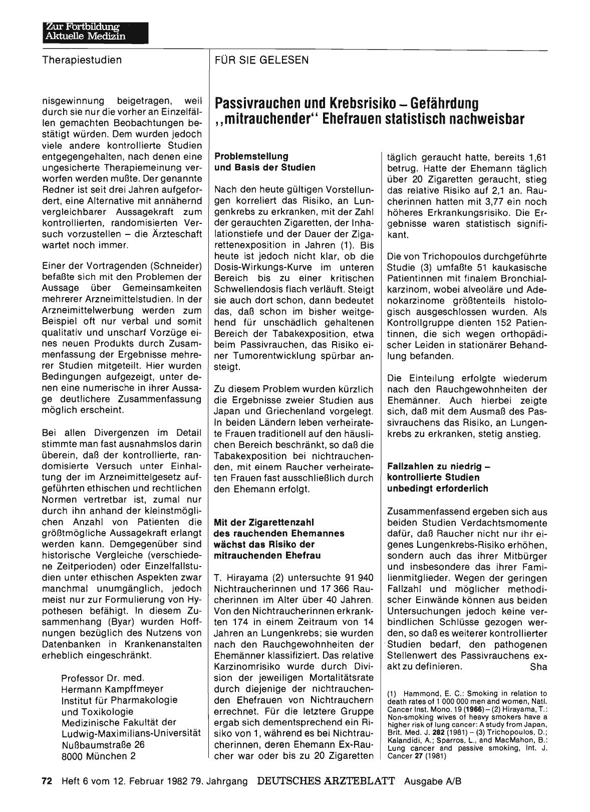 Vorschauseite 1: Passivrauchen und Krebsrisiko — Gefährdung „mitrauchender“ Ehefrauen statistisch nachweisbar