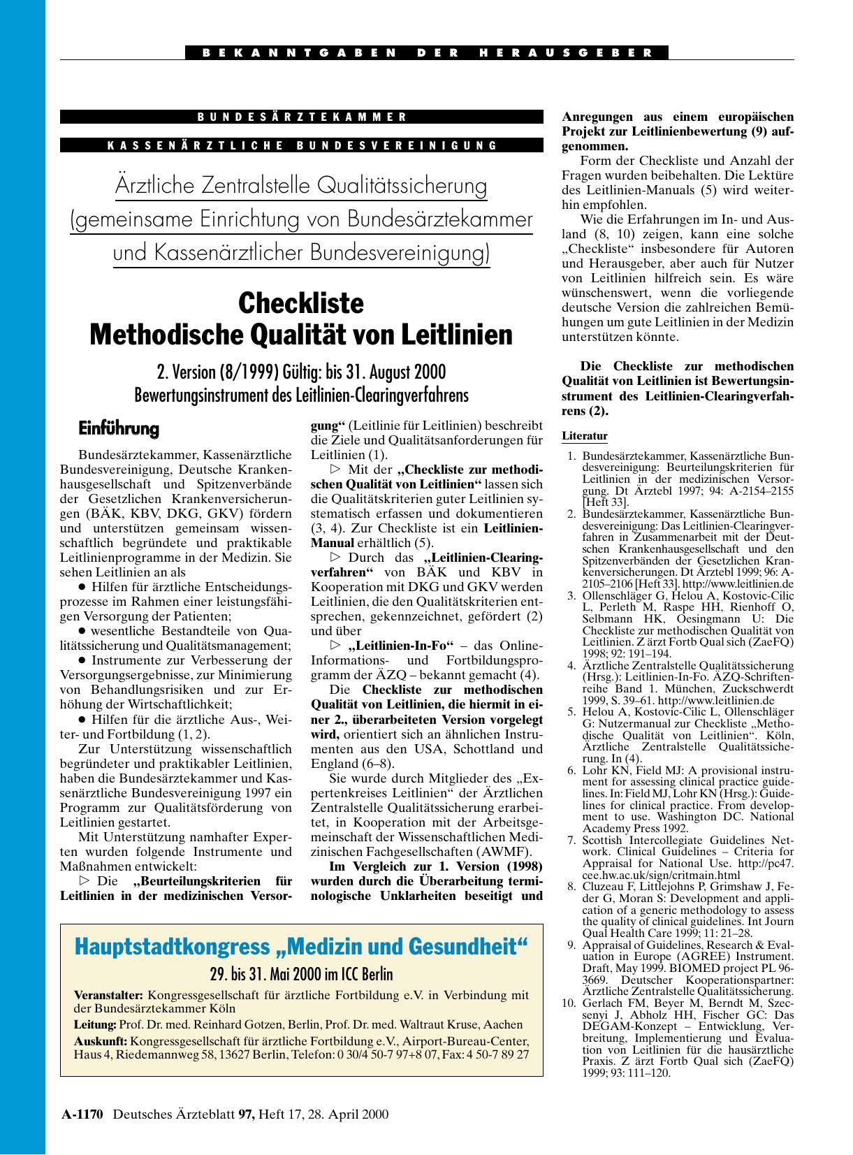 Vorschauseite 1: Ärztliche Zentralstelle Qualitätssicherung (gemeinsame Einrichtung von Bundesärztekammer und Kassenärztlicher Bundesvereinigung) - Checkliste: Methodische Qualität von Leitlinien