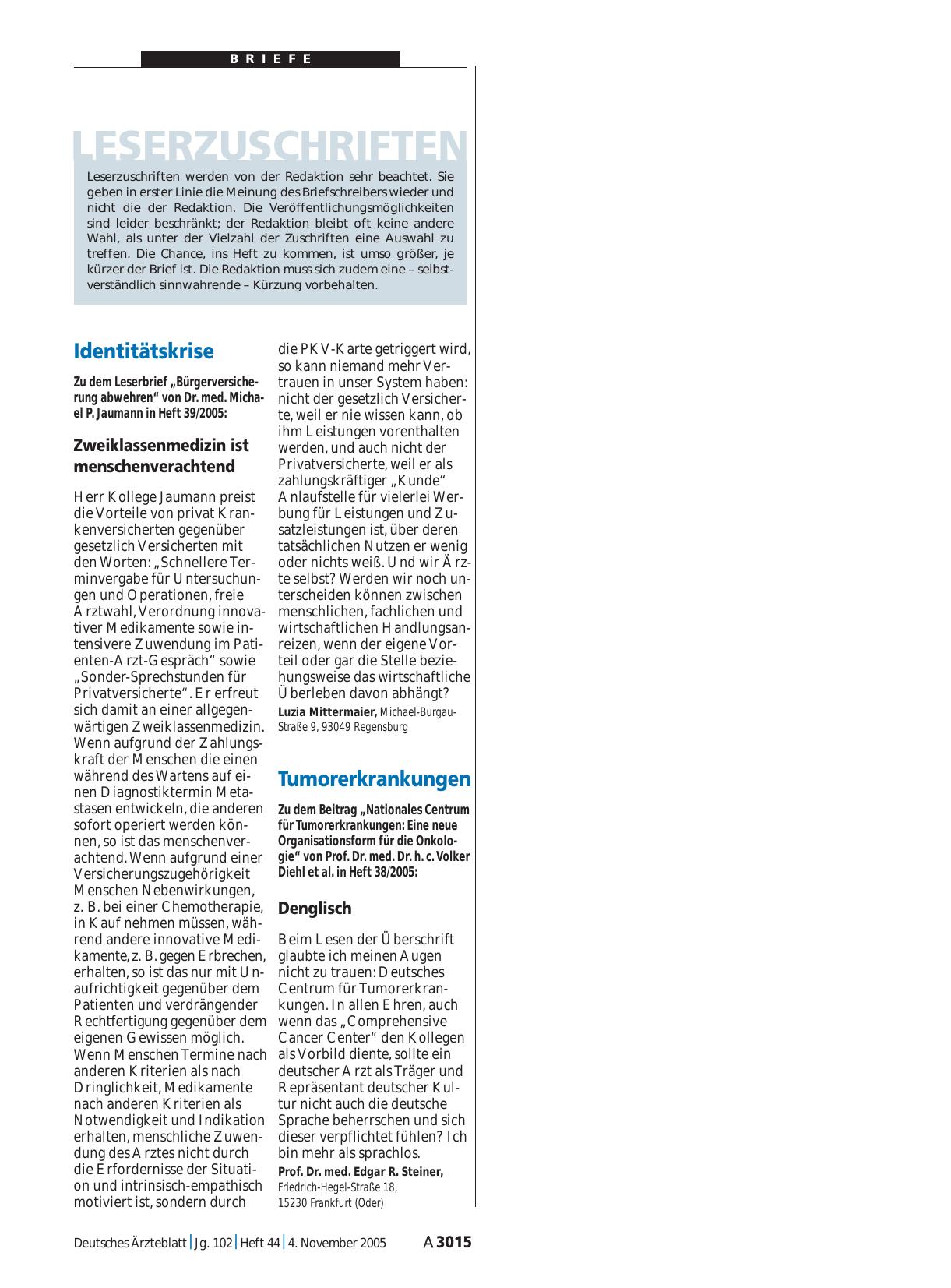 Vorschauseite 1: Identitätskrise: Zweiklassenmedizin ist menschenverachtend