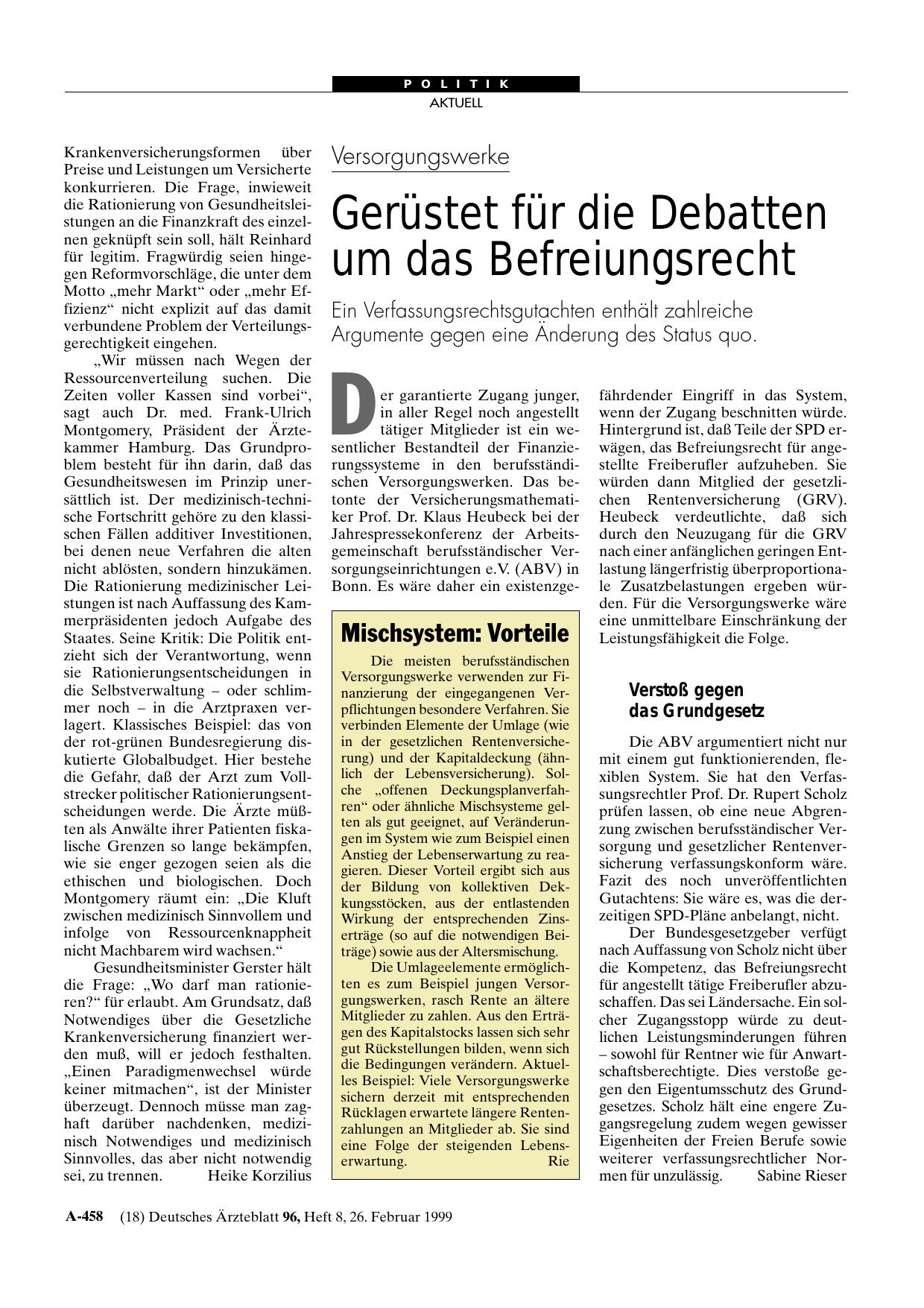 Vorschauseite 1: Versorgungswerke: Gerüstet für die Debatten um das Befreiungsrecht
